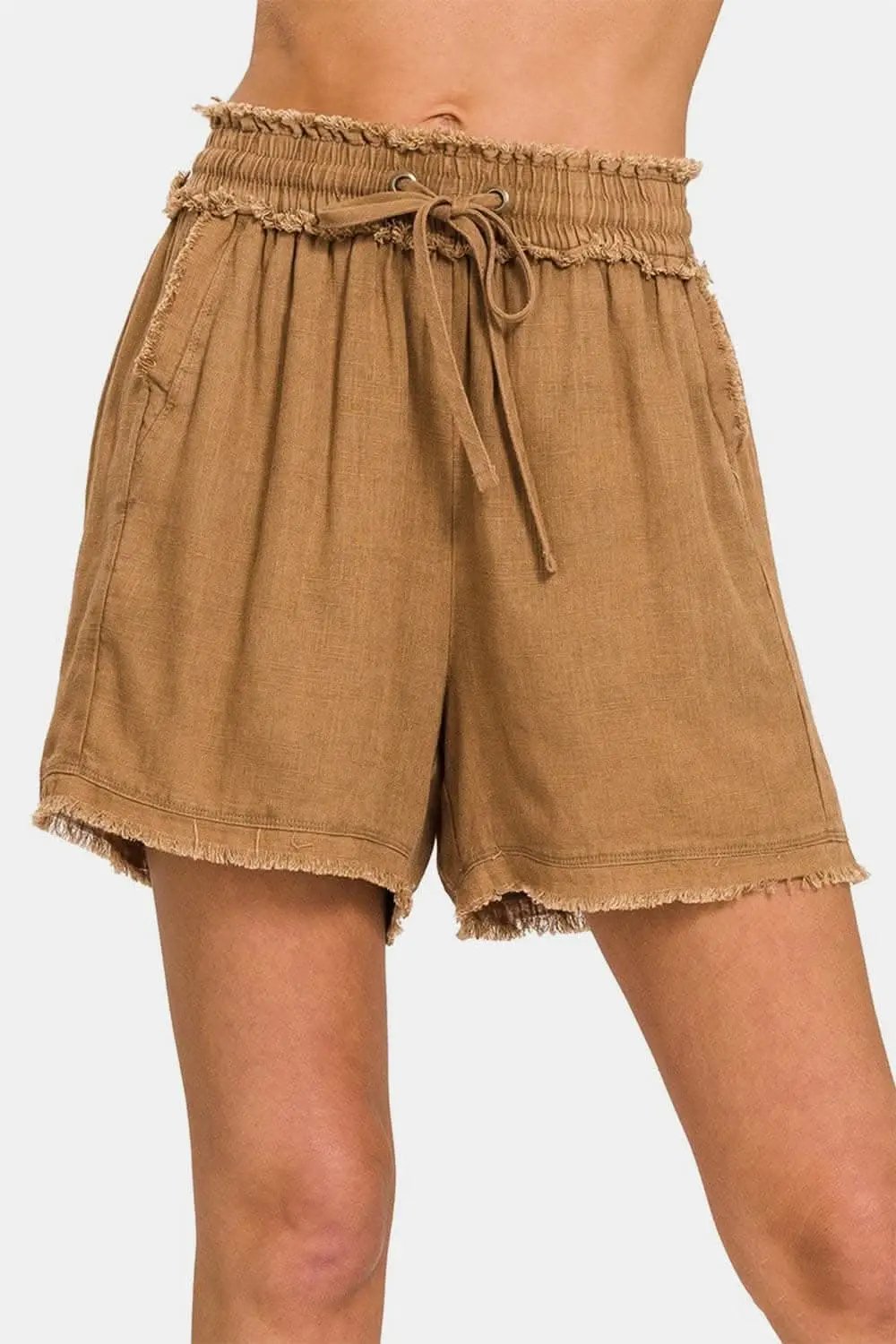 Trendsi Zenana Linen Shorts Women&amp;#39;s Casual Summer Frayed Hem Drawstring Shorts