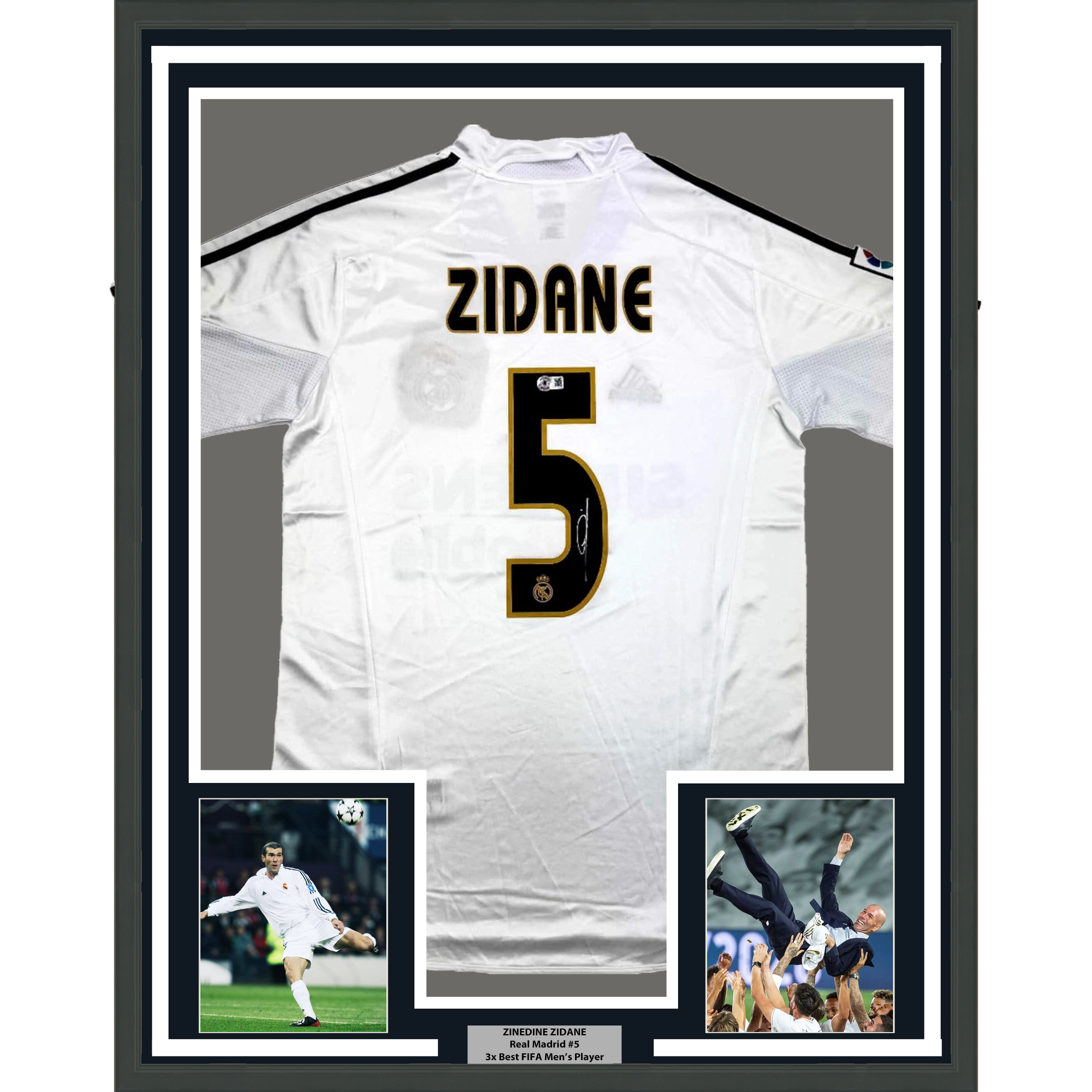 Framed Autographed/Signed Zinedine Zidane 35x39 Real Madrid White Soccer Jersey Beckett BAS COA