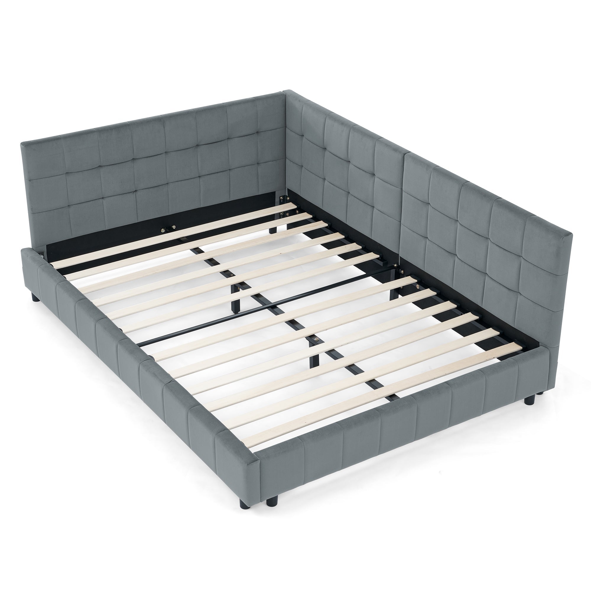 Velvet Grey Full Size Upholstered Tufted Bed Frame with Backrest and Armrests, 80.5&amp;#39;&amp;#39;*59&amp;#39;&amp;#39;*30.5&amp;#39;&amp;#39;