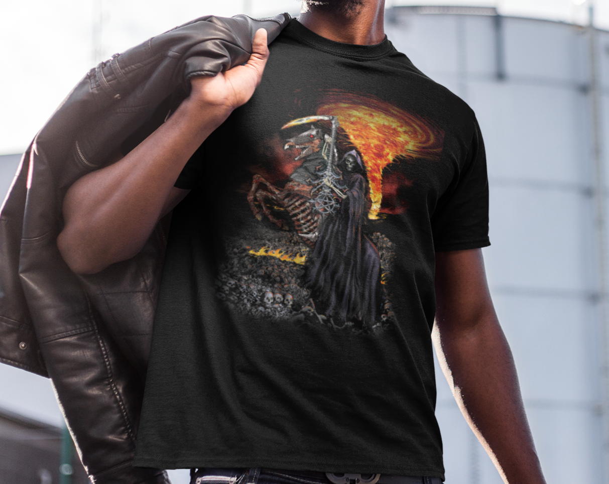 Msstzblkfz T-Shirt - Skeleton Riding Horse w/ Reaper Guitar &amp;amp; Fire