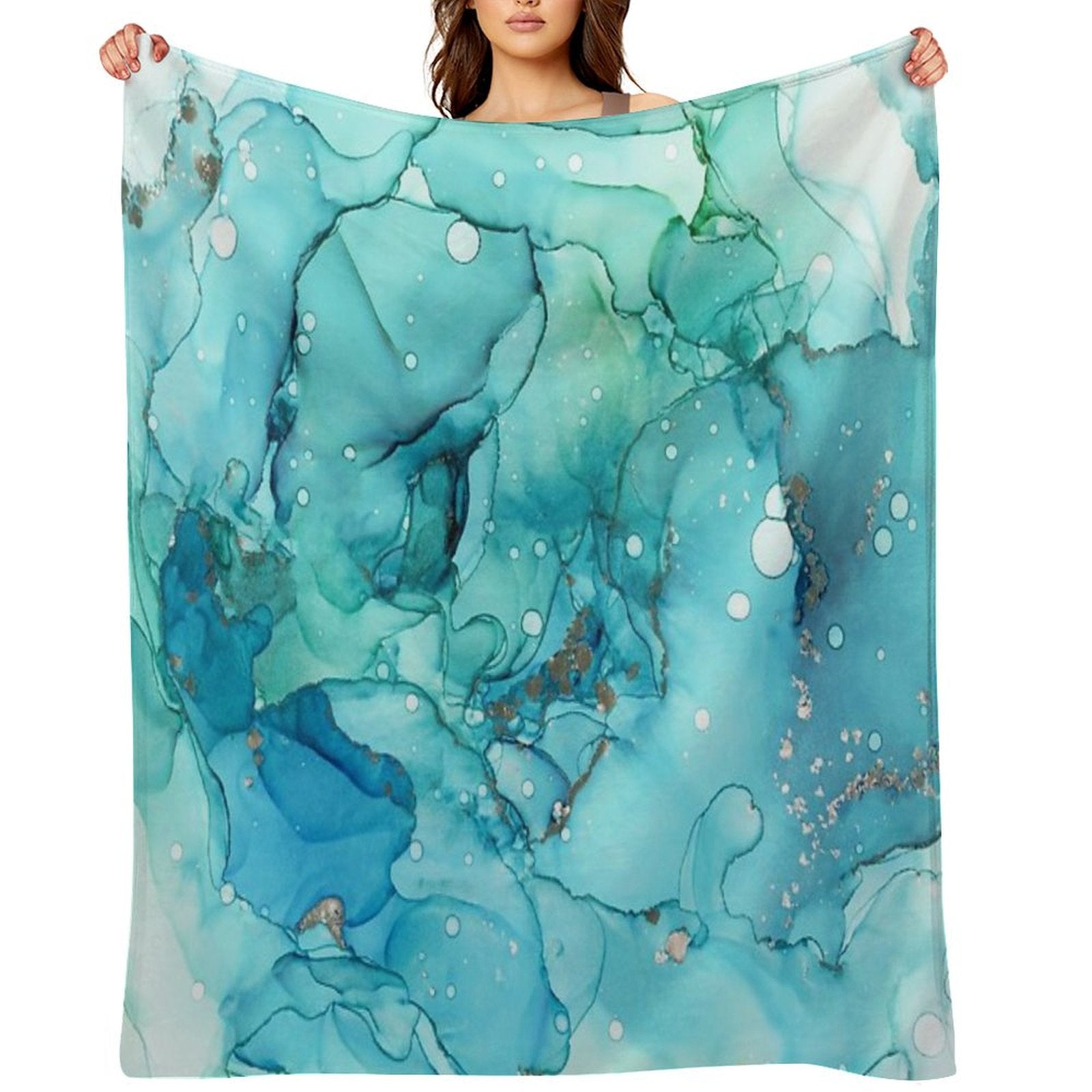 Mermaid Tears - Teal Chrome Abstract Ink Painting Throw Blanket