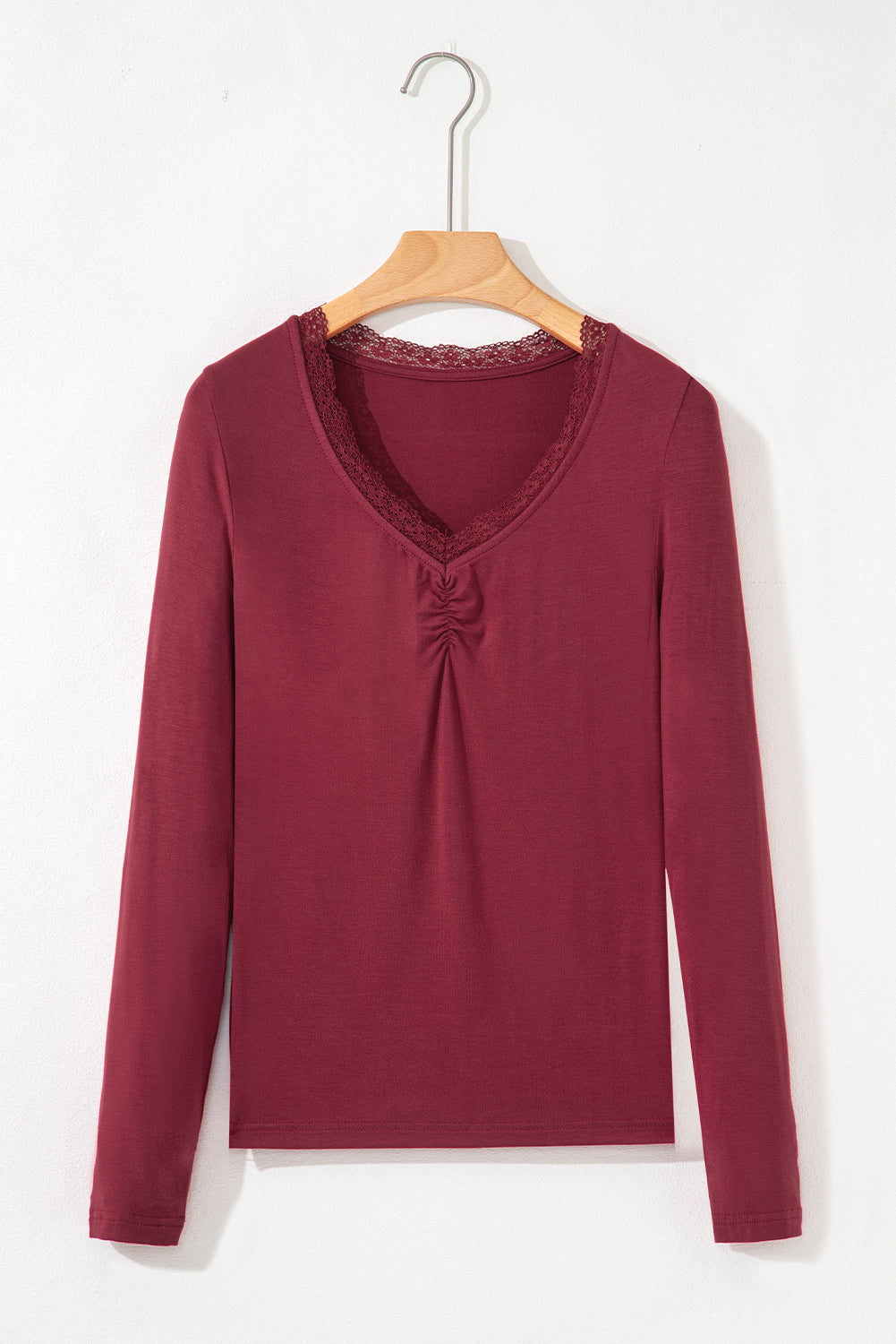 Lace Trim Ruched V-Neck Long Sleeve Top