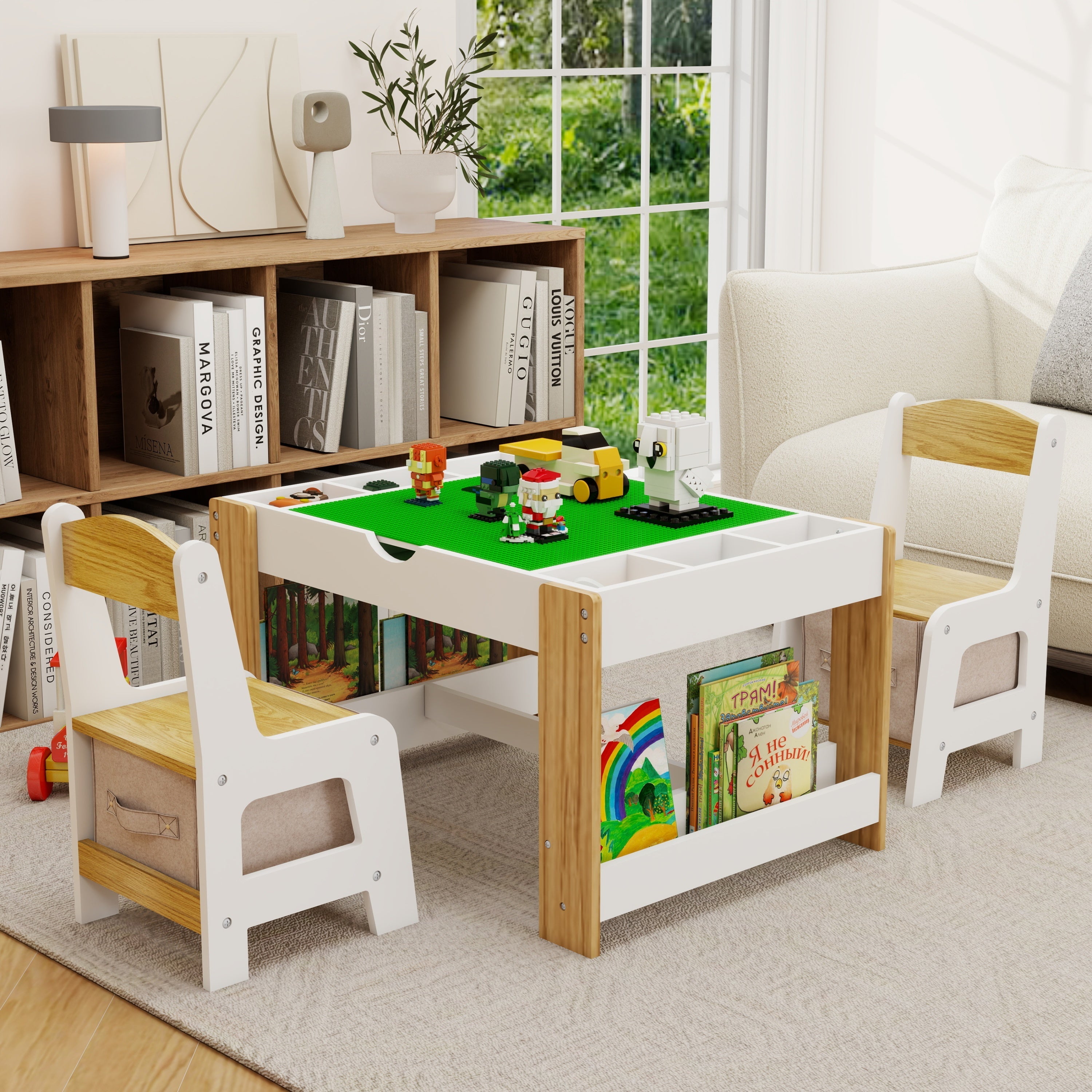 Kids 2 in 1 Play Table &amp;amp; 2 Chairs Set,with 7 Storage Compartments,Compatible with LEGO Building Block,Modern Activity Learning Table Game Furniture-White