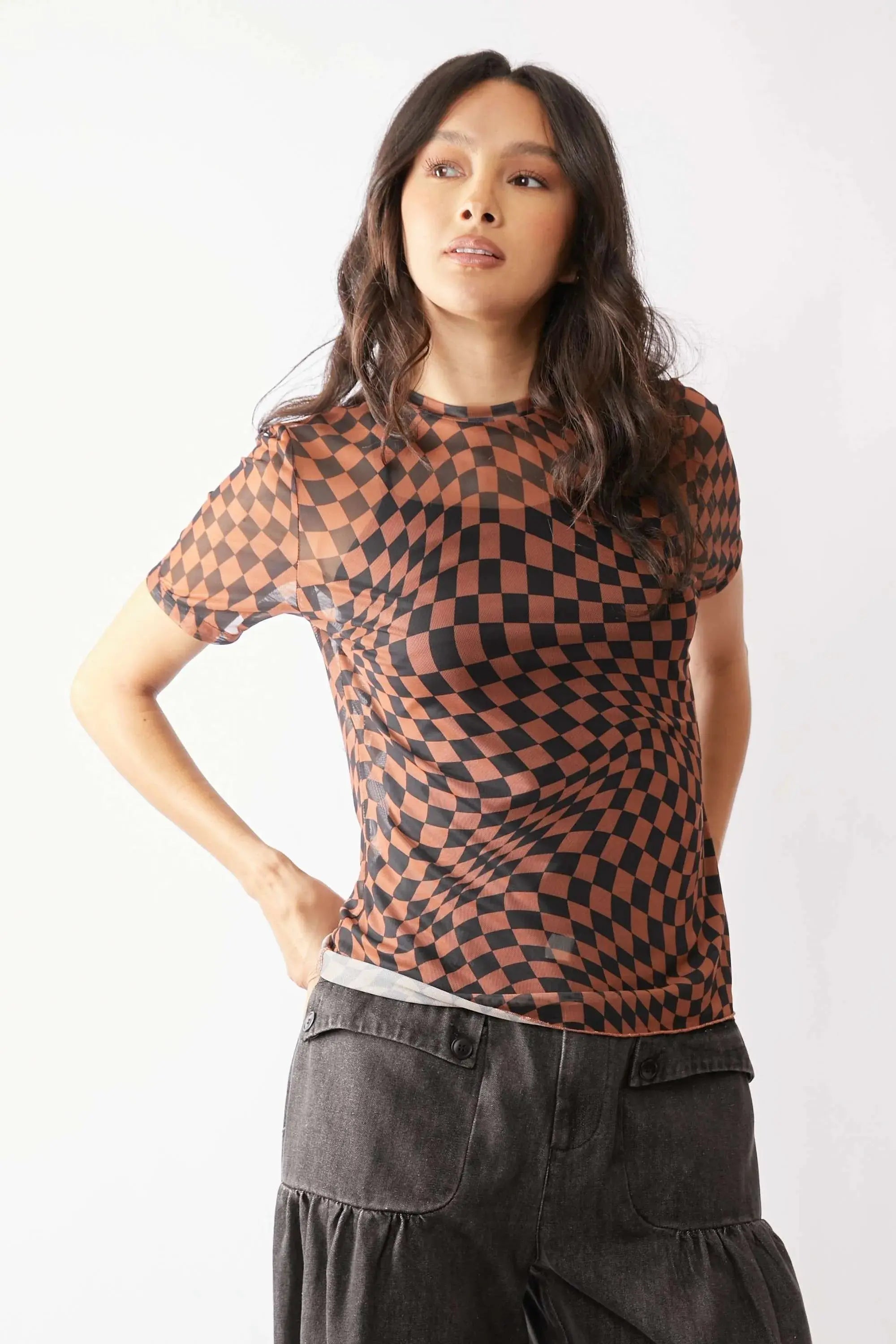 Trendsi Checkerboard Mesh Top Women&amp;#39;s Casual Tee Lightweight, Breathable