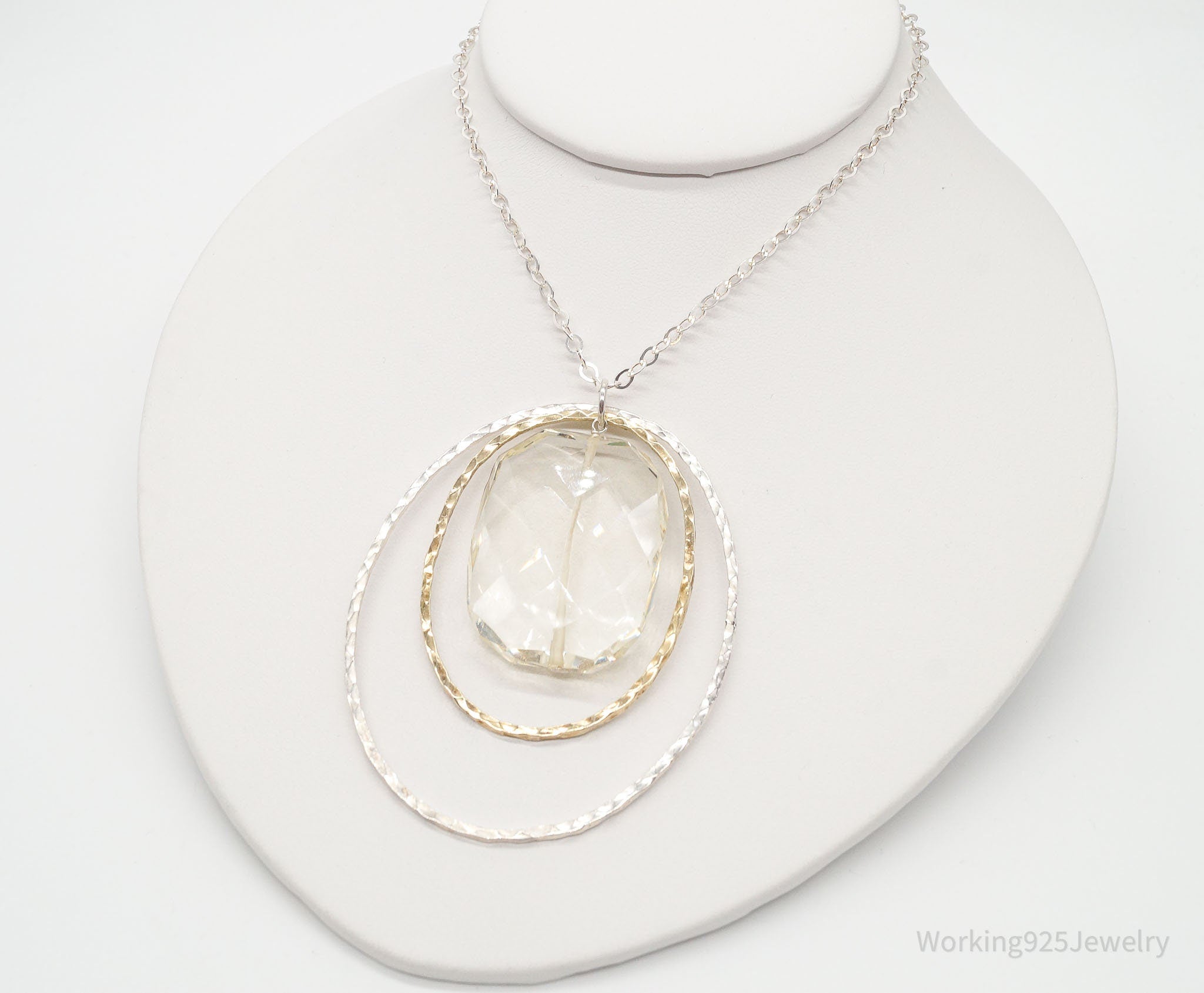 Vintage Large Glass Stone Brass Sterling Silver Necklace 30&amp;quot;