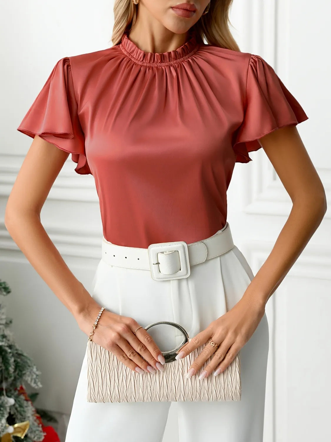 The Coral Crush Satin Flutter Blouse