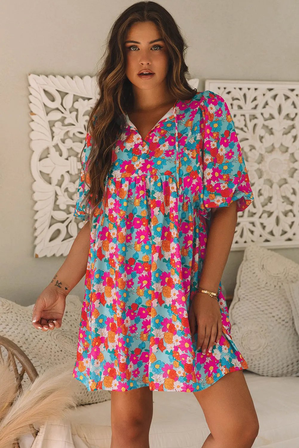 Threaded Pear Floral Dress Women&amp;#39;s Daily Summer Babydoll Dress Cute Sleeves