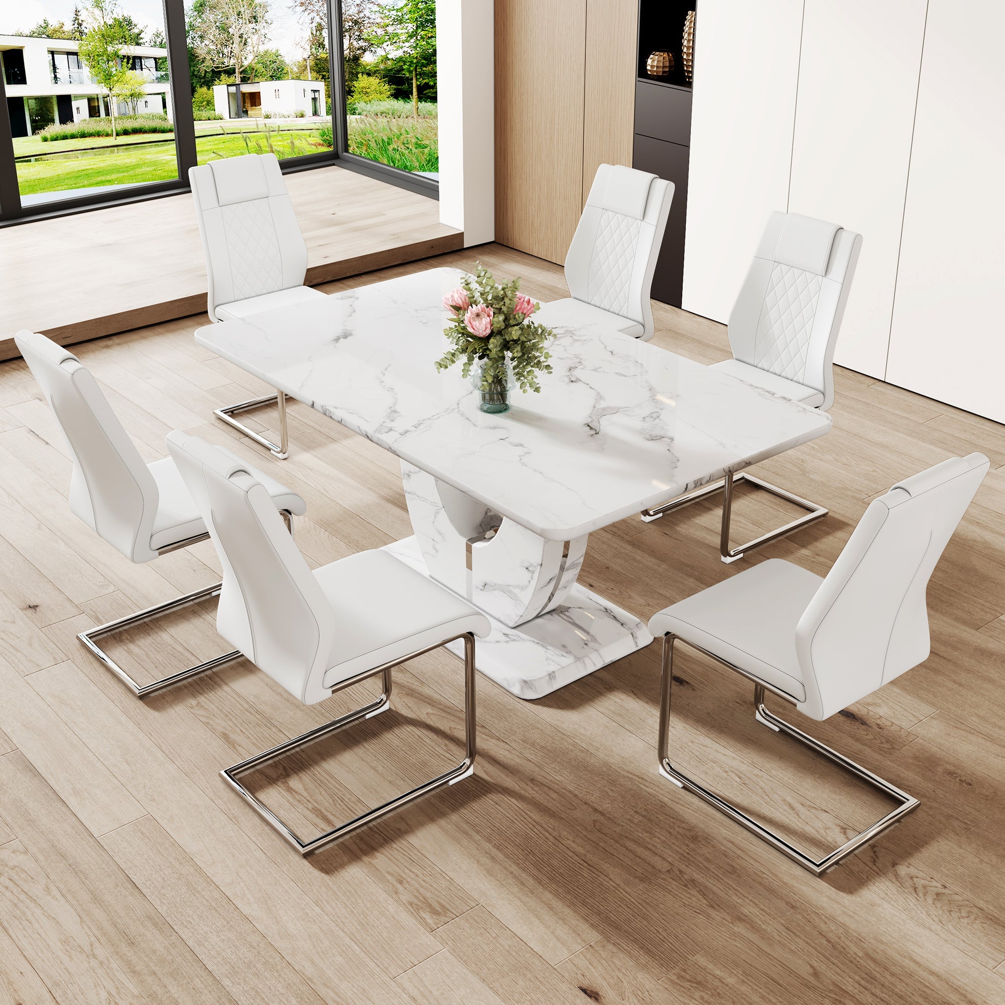 Table and chair set.Marble Pattern MDF Dining Set - 63&amp;#39;x37&amp;#39; with 6 White PU Chairs.White Textured Marble Pattern Sticker,MDF,Silver Metal Chair Legs.Suitable for restaurants, living rooms, kitchens.