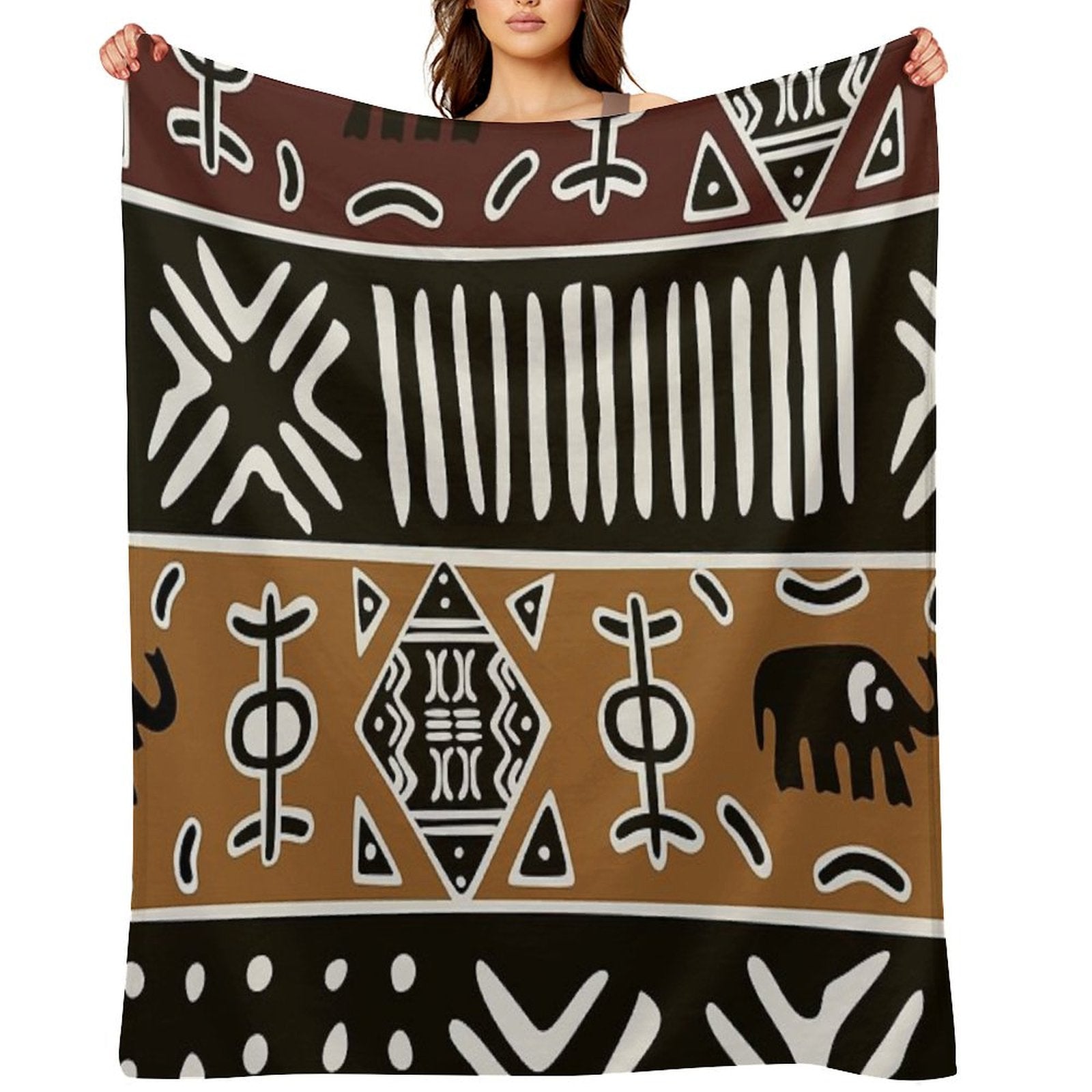 African Mud Cloth with Elephants Throw Blanket