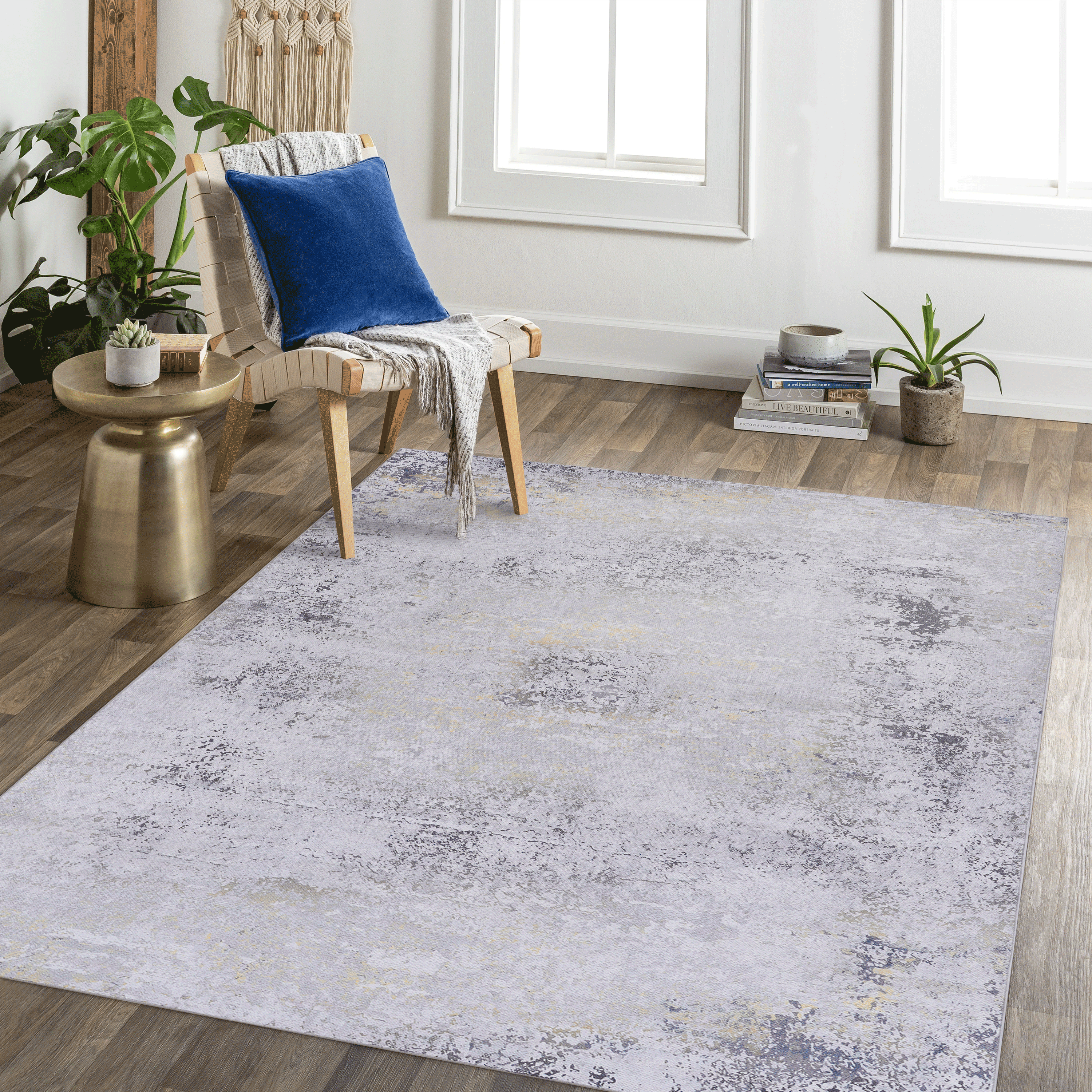 NAAR MAVAL Gold Washable Rug 5x8 Area Rug (Gray+Gold, 5&amp;#39; x 8&amp;#39;)