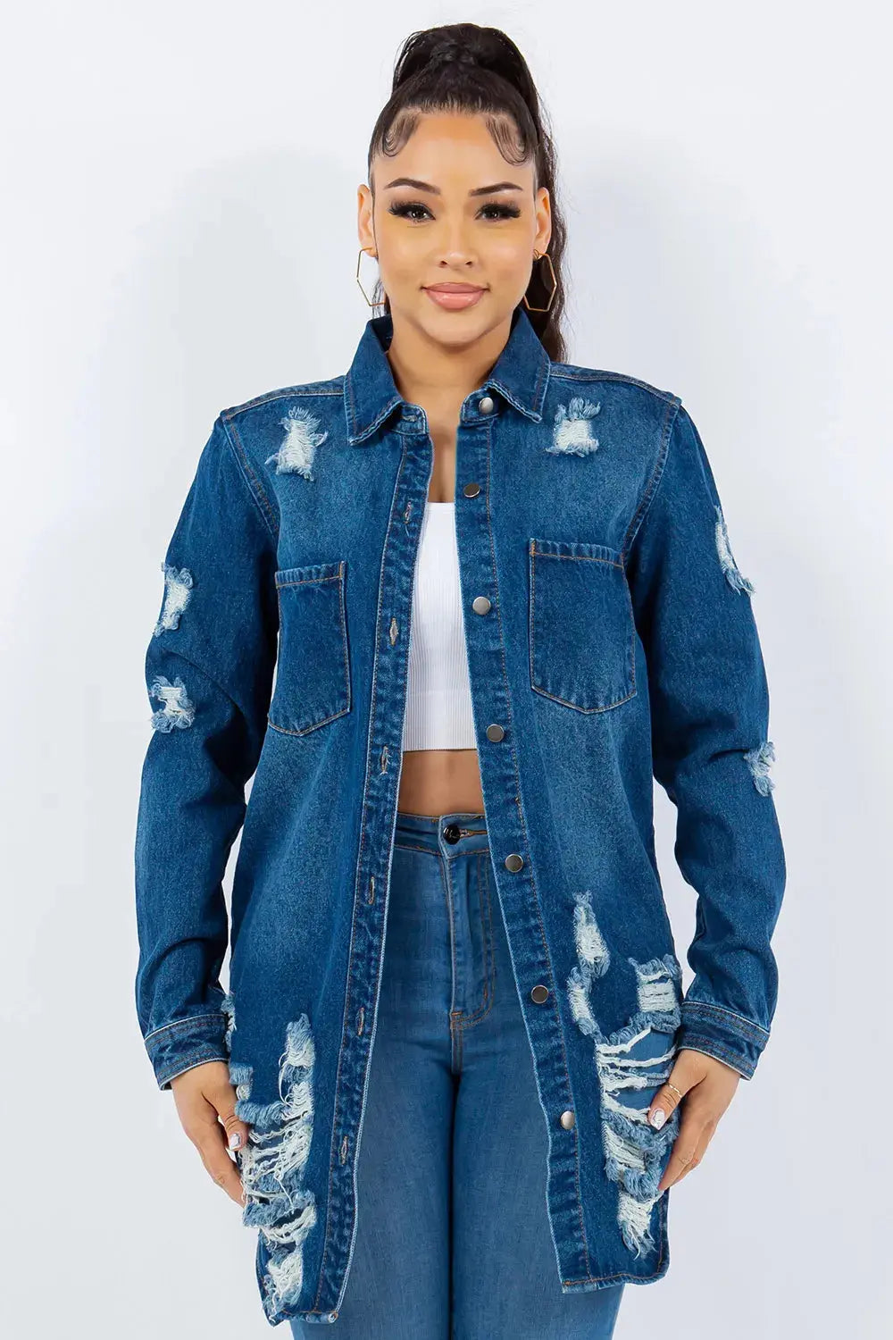 Trendsi American Bazi Distressed Long Sleeve Denim Jacket - Button Up, Apparel &amp;amp; Accessories