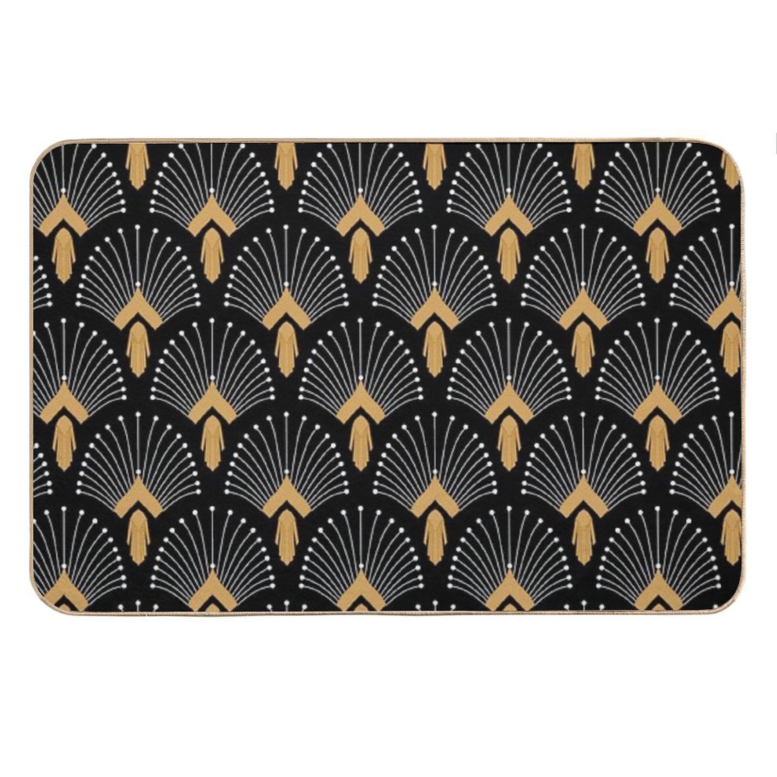 Black, Gold And White Art Deco Fan Flowers Motif Bath Mat