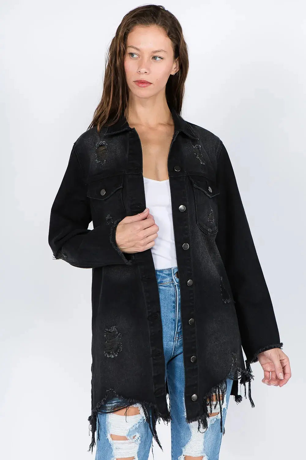 Trendsi American Bazi Distressed Frayed Hem Denim Jacket - Apparel &amp;amp; Accessories Clothing Shirts &amp;amp; Tops