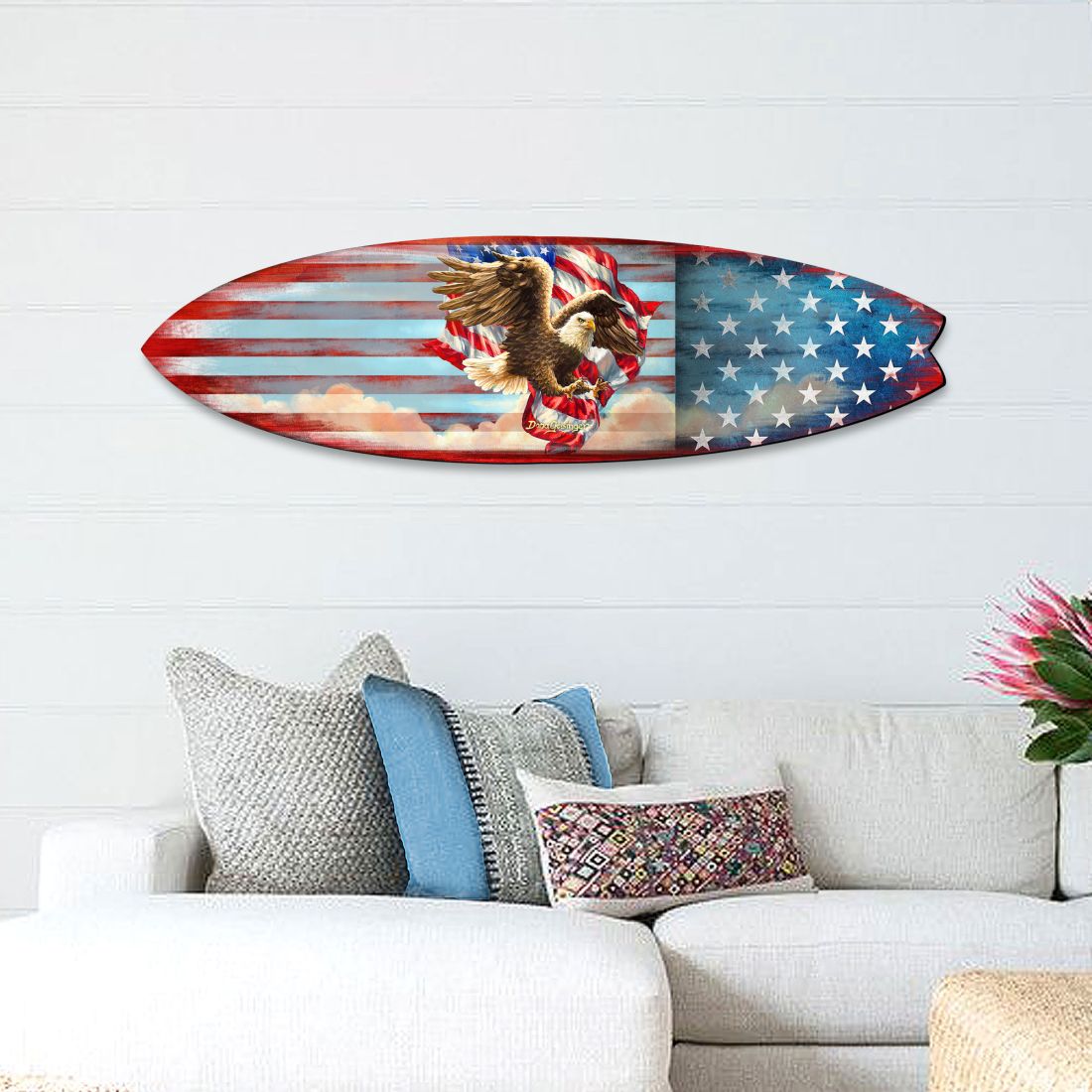 Patriotic American Flag Surfboard Coastal Door Art by D. Gelsinger - American Christmas Decor - 8490108HS
