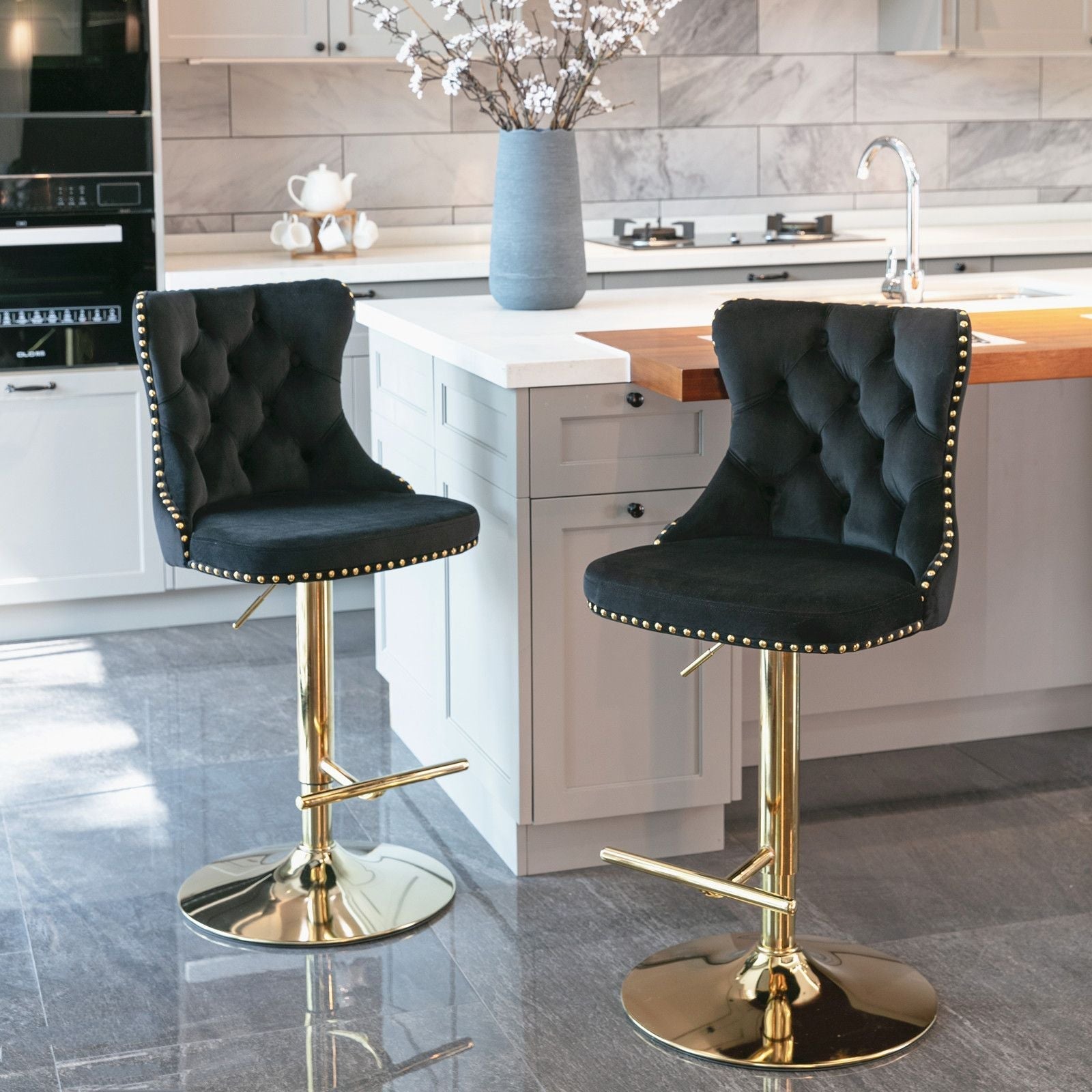 A&amp;amp;A Furniture,Golden Swivel Velvet Barstools Adjusatble Seat Height from 25-33 Inch, Modern Upholstered Bar Stools with Backs Comfortable Tufted for Home Pub and Kitchen Island(Black,Set of 2)