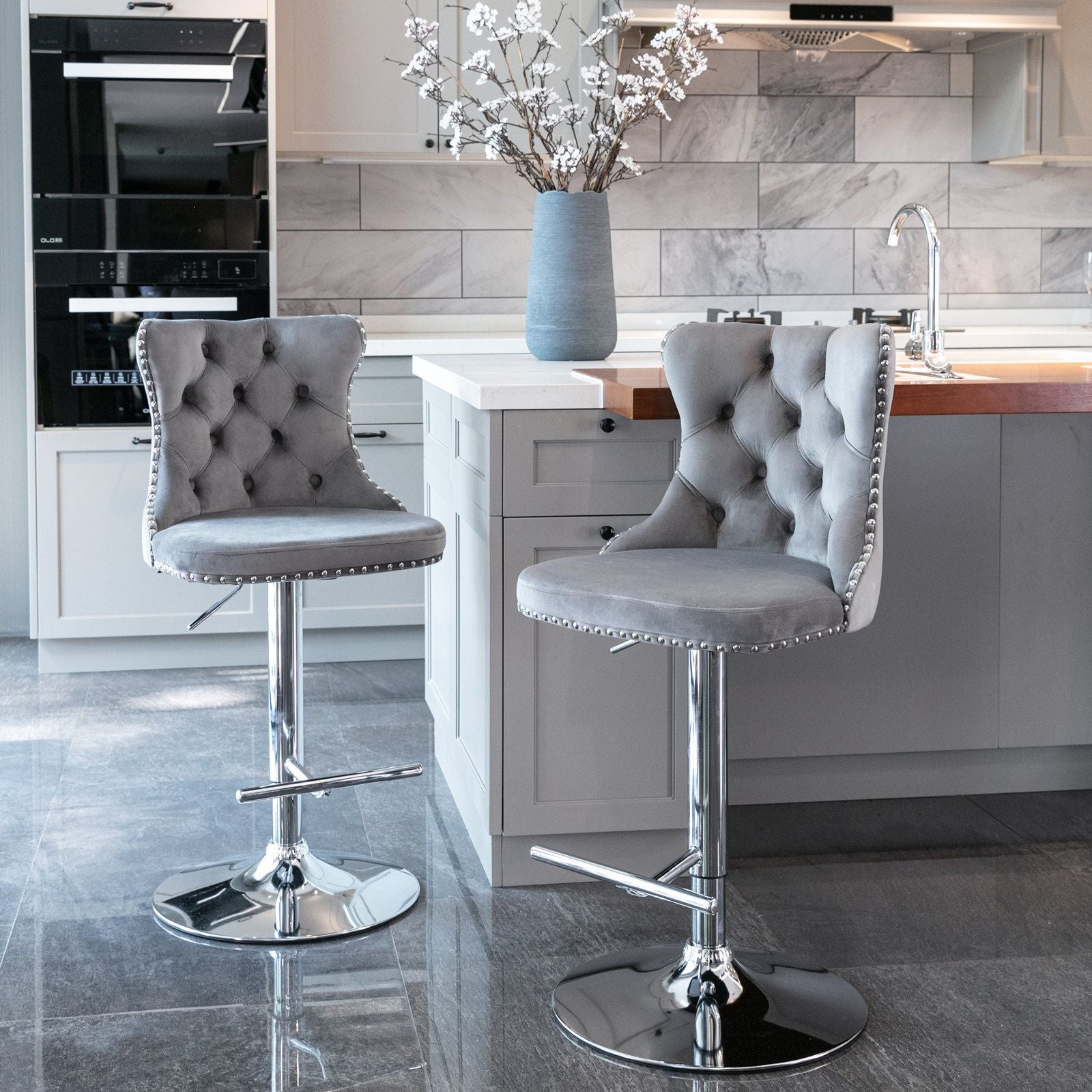 A&amp;amp;A Furniture,Swivel Velvet Barstools Adjusatble Seat Height from 25-33 Inch, Modern Upholstered Chrome base Bar Stools with Backs Comfortable Tufted for Home Pub and Kitchen Island(Gray,Set of 2)