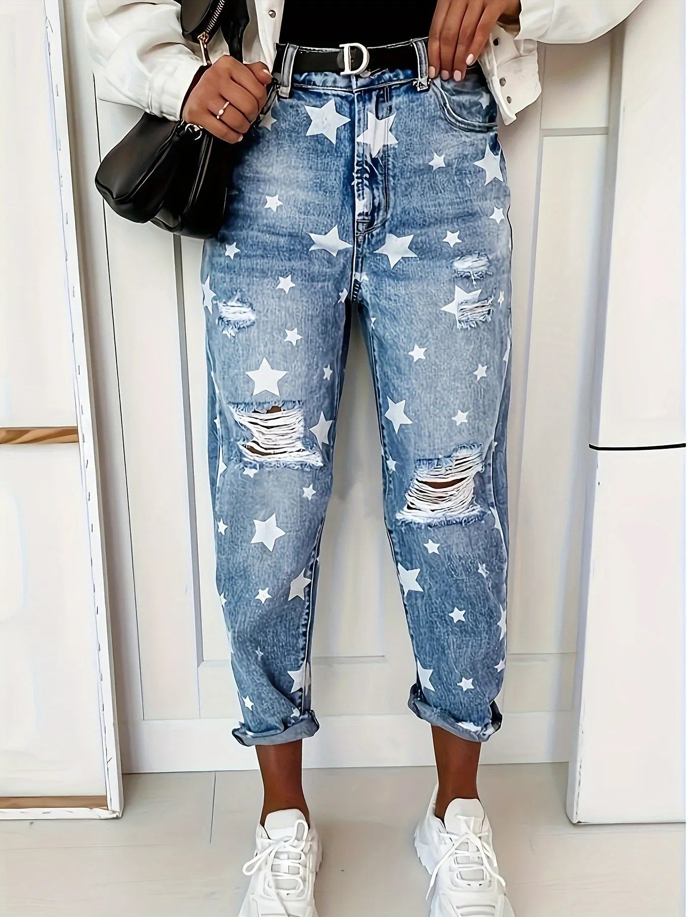 Star Print Distressed High Waist Boyfriend Jeans