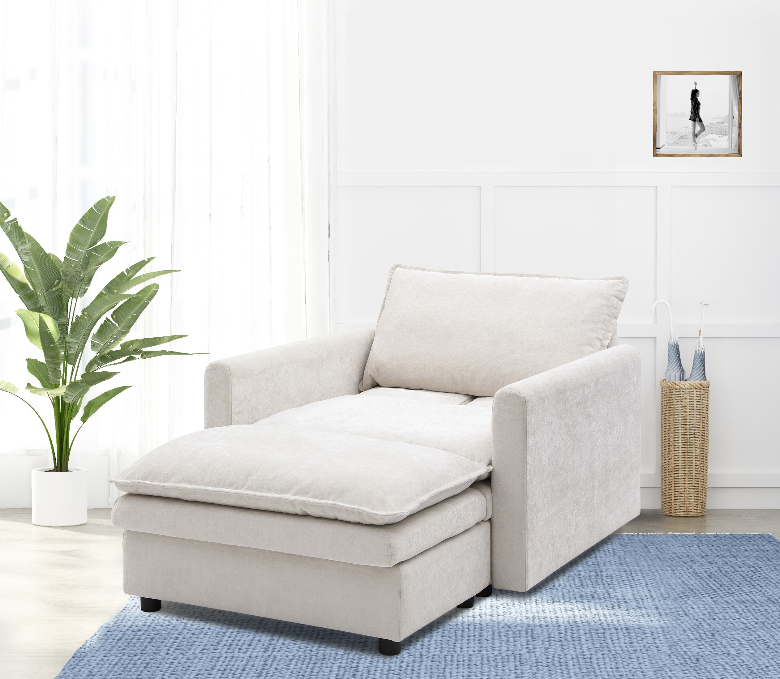 Chenille Sofa Bed, Modern Couch Cozy Lounge Chair for Reading, Upholstered Living Room Single Sofa Accent Chair with Ottoman (Beige, 1-Seat)