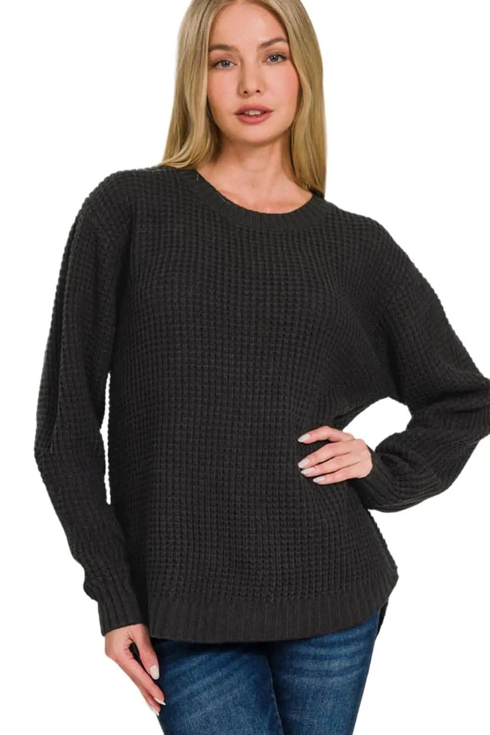 Zenana high low waffle sweater