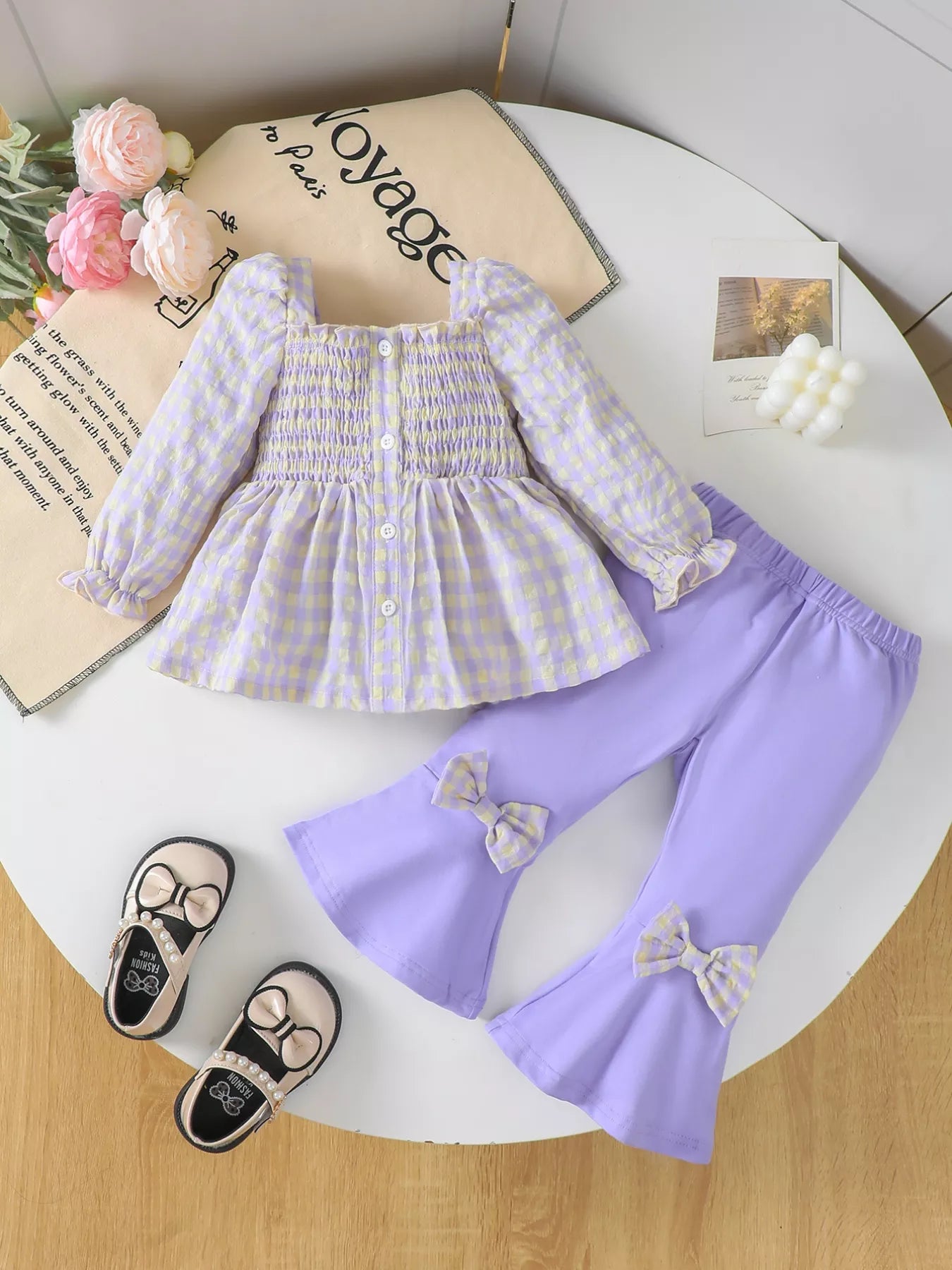 Children&amp;#39;s Gingham Smocked Top and Bow Pants Set