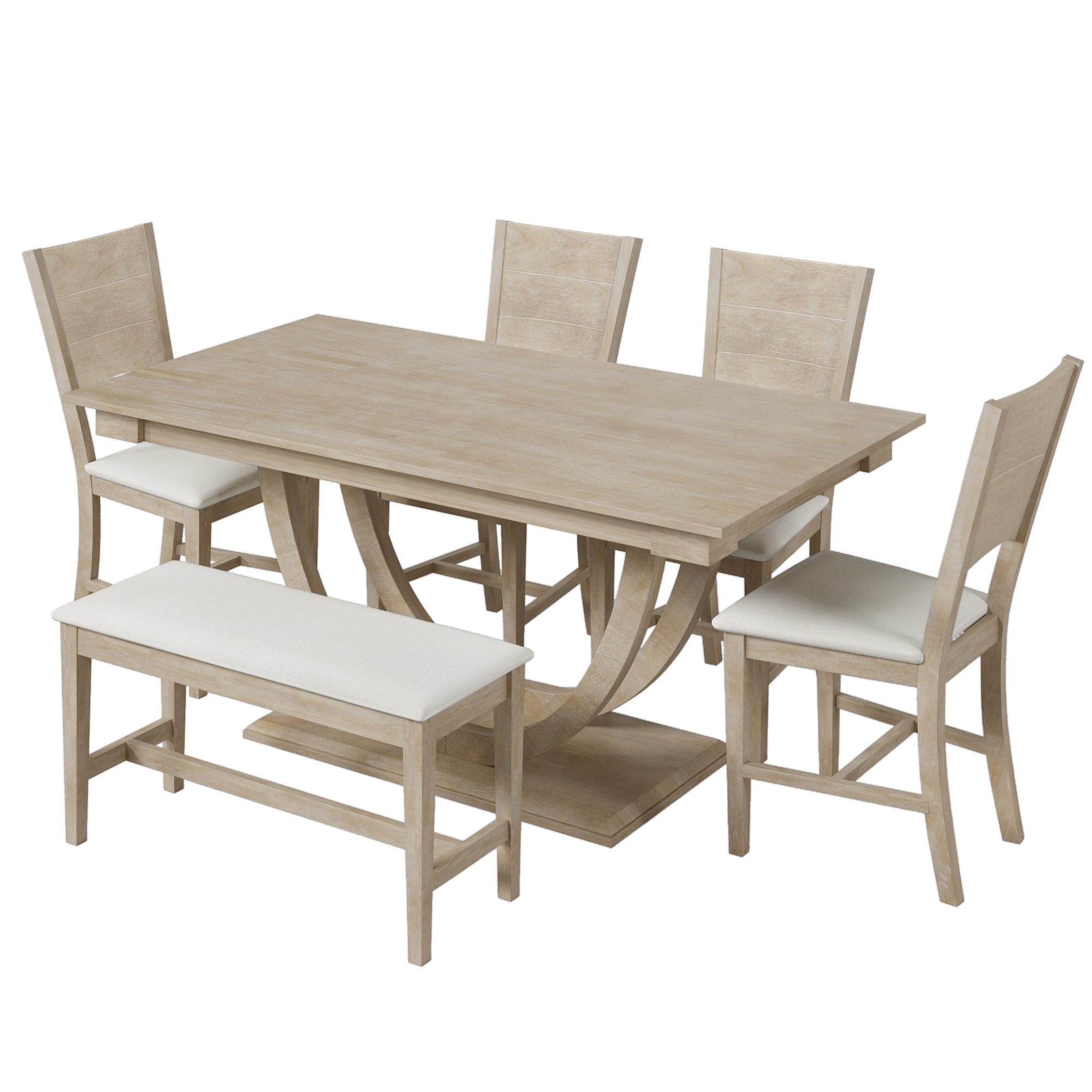 TOPMAX Modern Style Natural Wood 6-Piece Dining Table Set with Bench and Chairs, Upholstered Seats, Rubberwood Frame