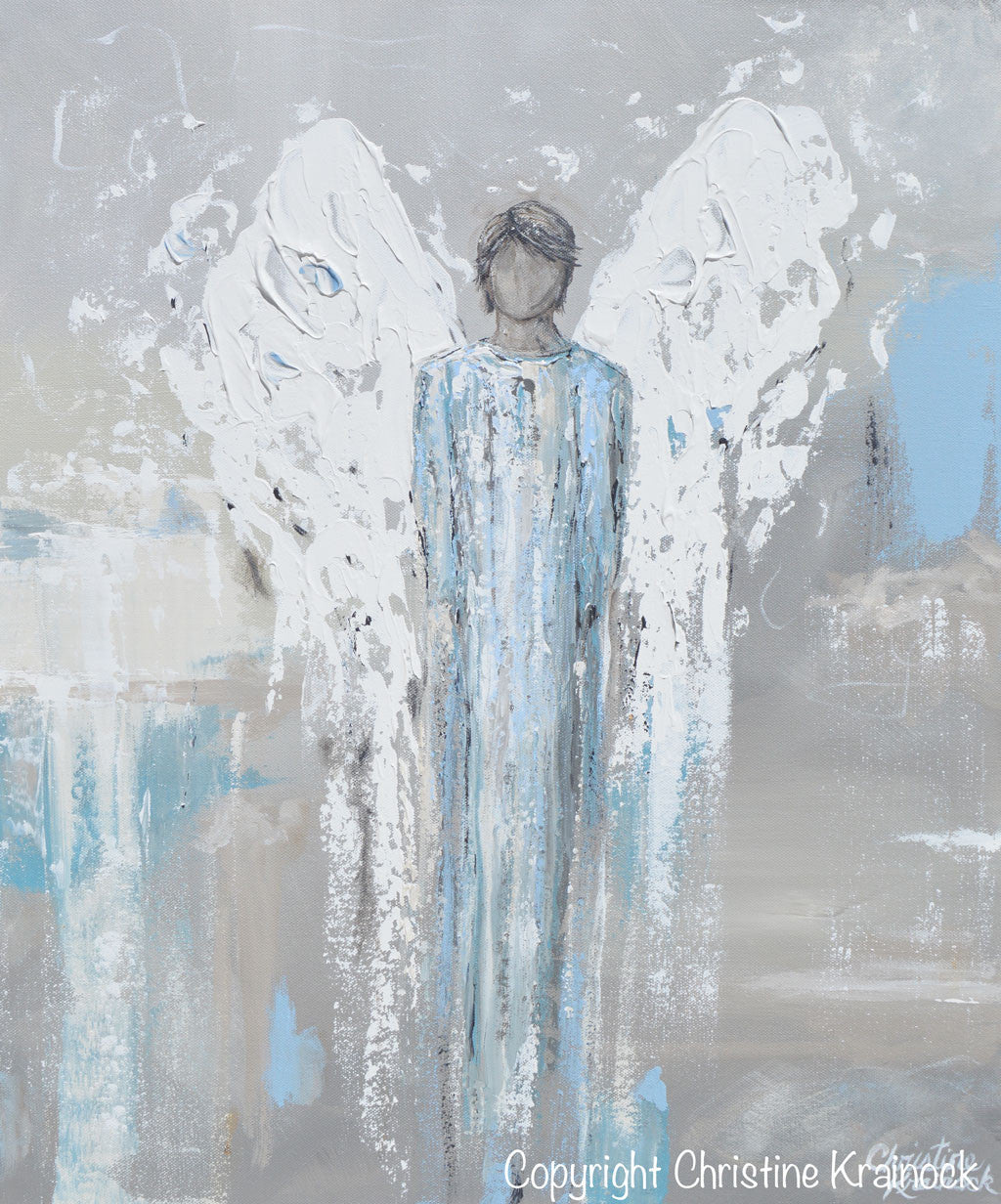 "Faithful Protector" Giclée Print Angel Painting Abstract Male Guardian Angel Blue Grey Wall Art