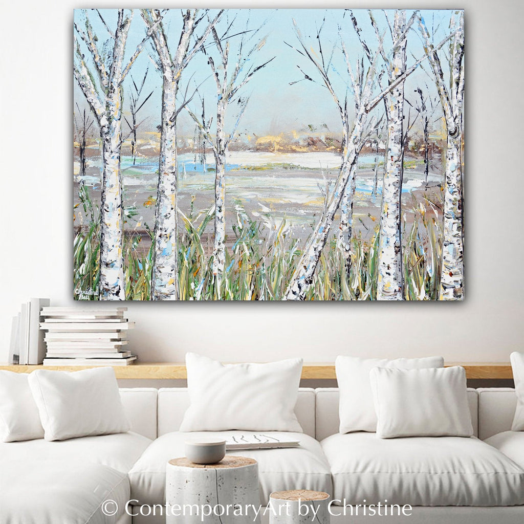 "Just Breathe" Giclee Print Art Abstract Landscape Painting Birch Trees Light Blue White
