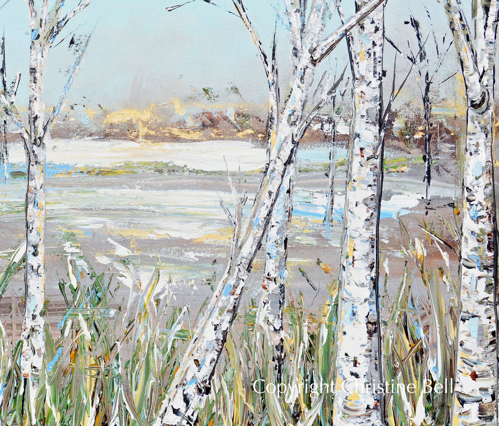 "Just Breathe" Giclee Print Art Abstract Landscape Painting Birch Trees Light Blue White