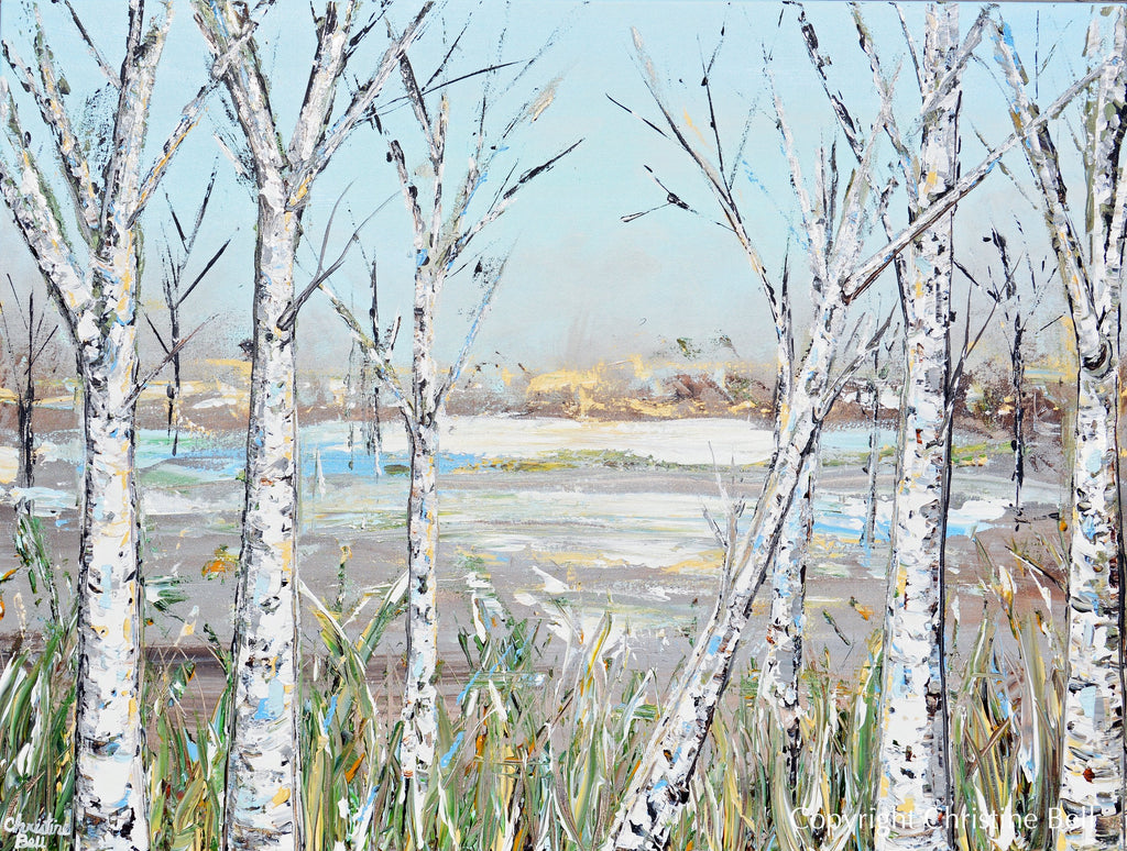 "Just Breathe" Giclee Print Art Abstract Landscape Painting Birch Trees Light Blue White