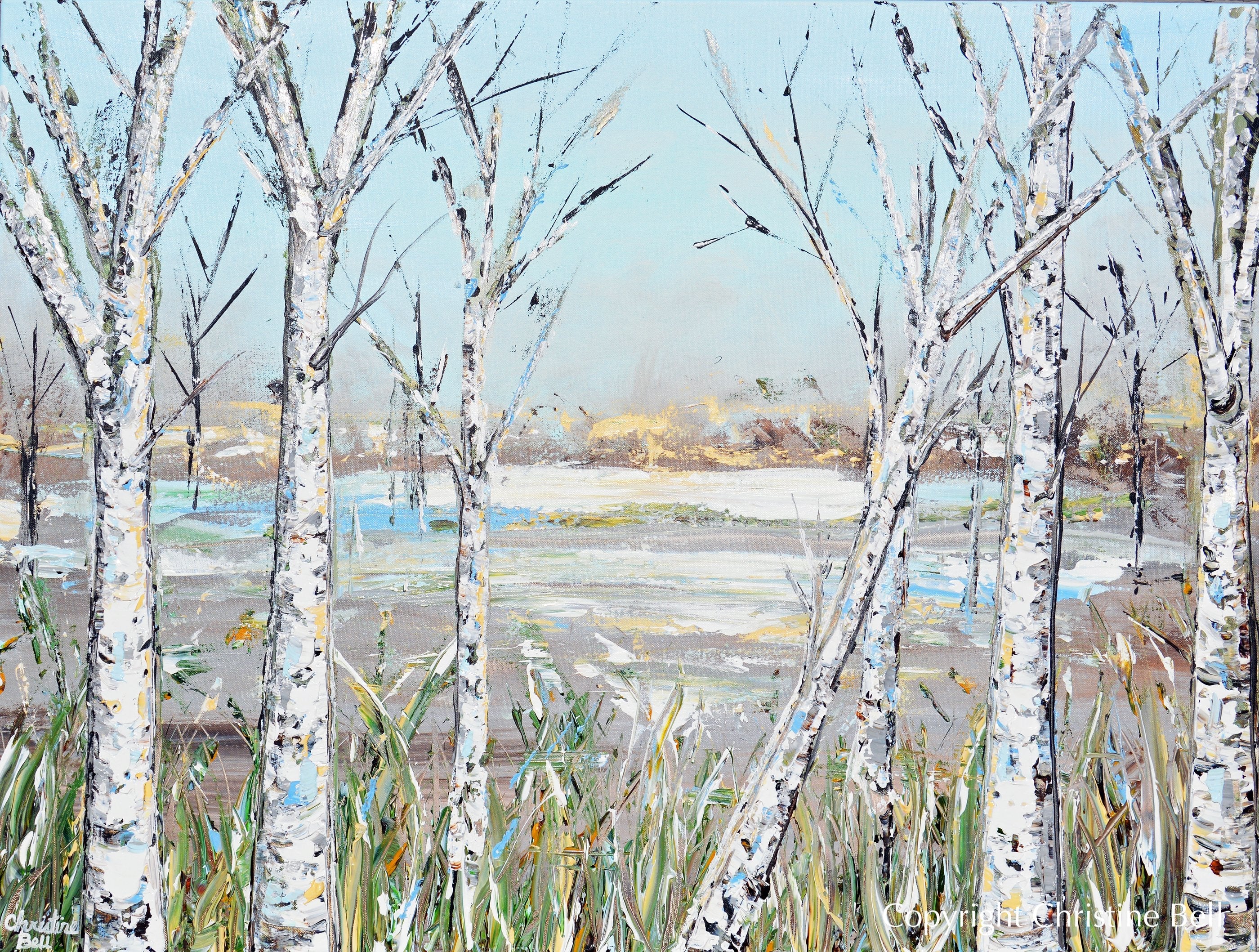 &amp;quot;Just Breathe&amp;quot; Giclee Print Art Abstract Landscape Painting Birch Trees Light Blue White