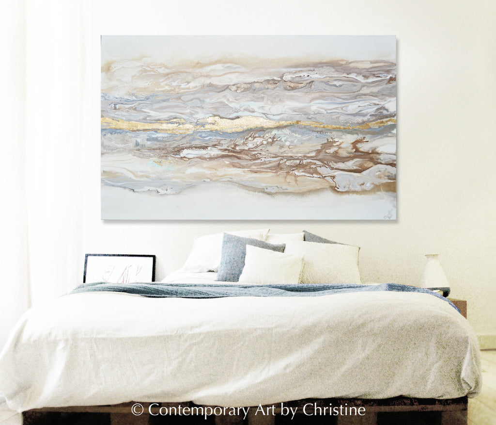 "Ingrained in My Soul" GICLÉE PRINT Art Abstract Painting Neutral White Beige Gold Leaf Marbled Coastal Landscape
