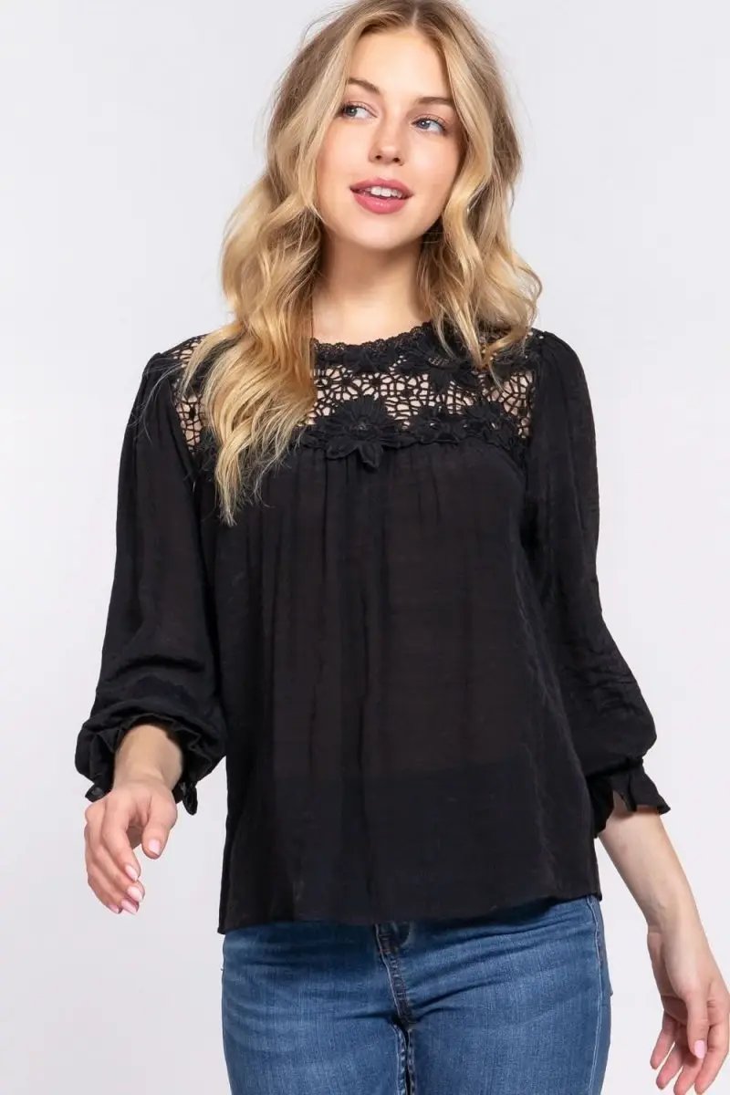 Lovesalve WS ACTIVE BASIC Crochet Lace Panel Flounce Sleeve Blouse - Wholesale Fashion Top