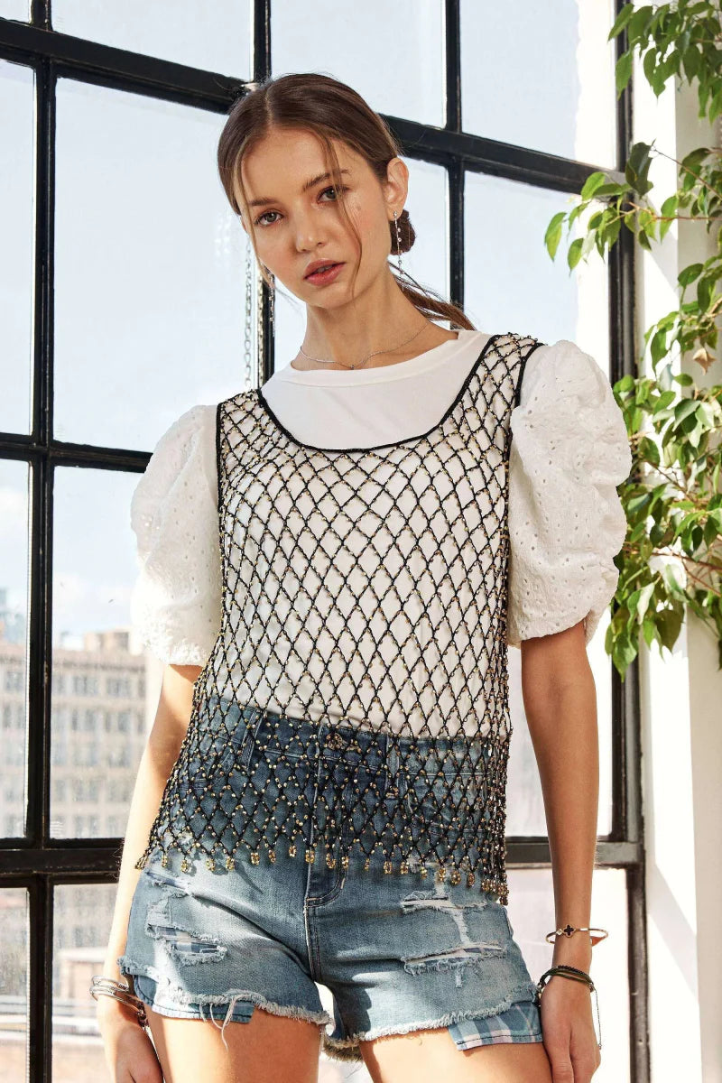 ADORA Beads Accent Fishnet Tank Top - Bold Fashion Style Apparel &amp;amp; Accessories