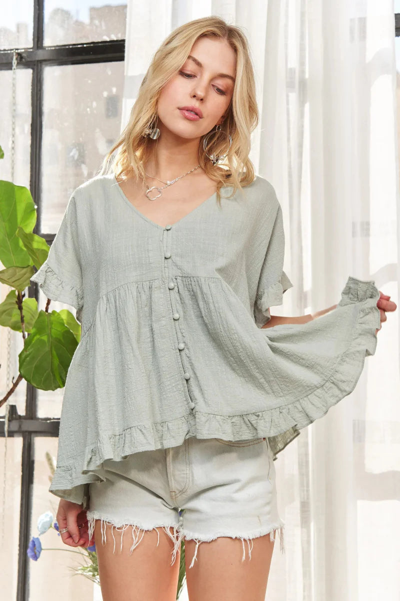 ADORA Button Down Ruffled Babydoll Blouse for Women - Apparel &amp;amp; Accessories