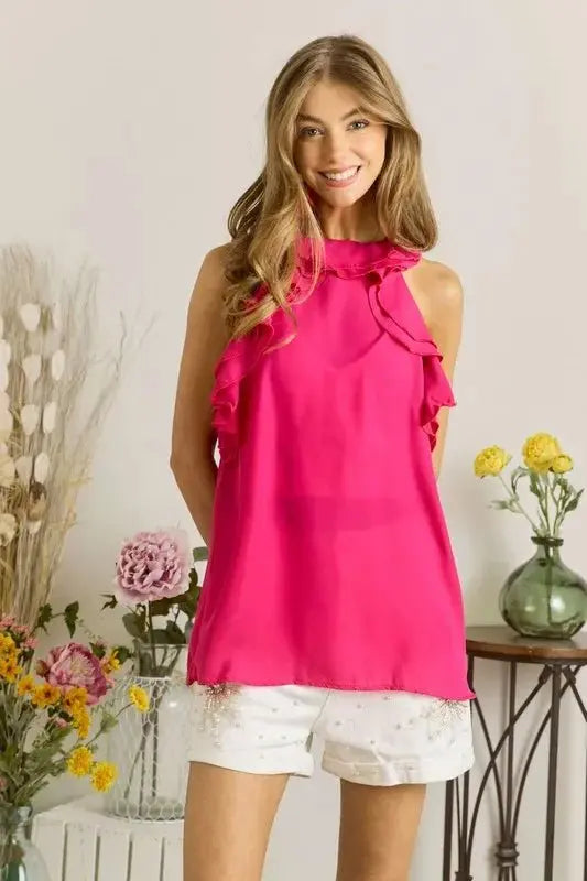 ADORA Ruffled Grecian Neck Top Fuchsia Medium