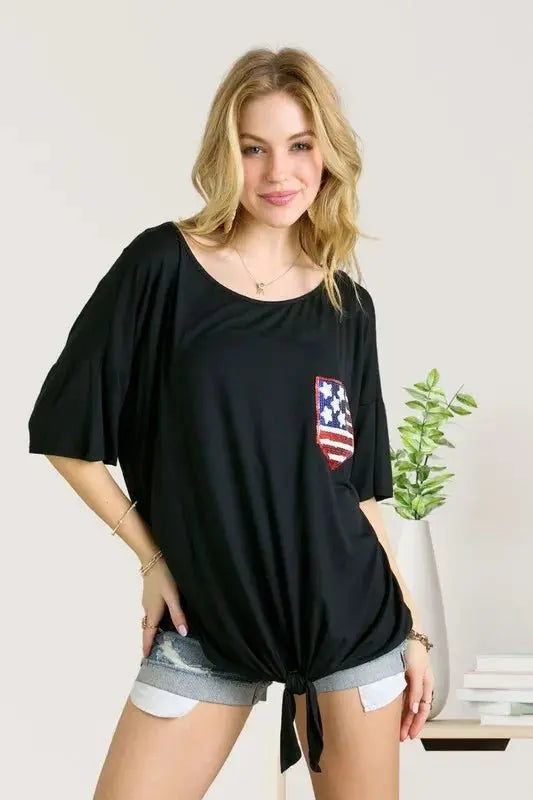 Trendsi ADORA Sequin US Flag Pocketed Top - Patriotic Style Apparel for Women