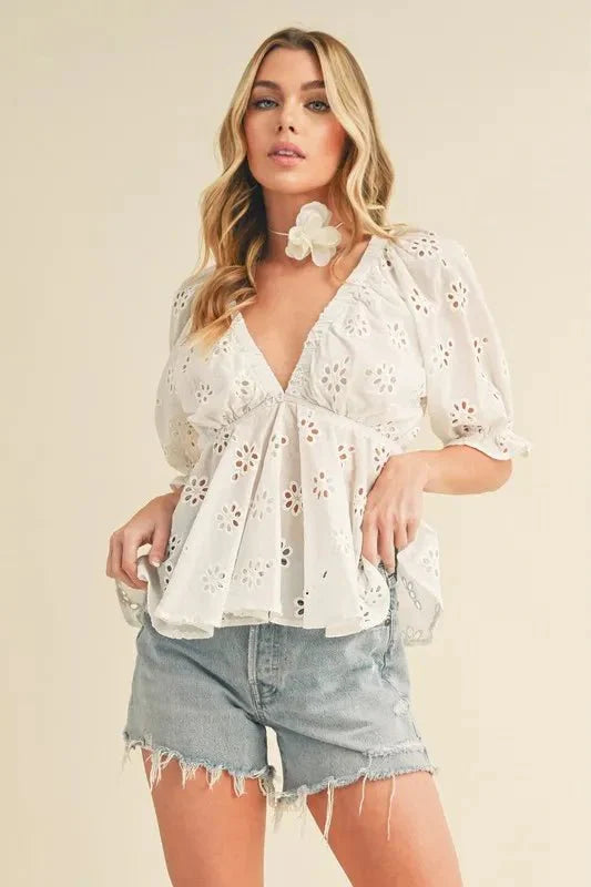 Aemi + Co Eyelet Embroidered V-Neck Peplum Blouse - Apparel &amp;amp; Accessories