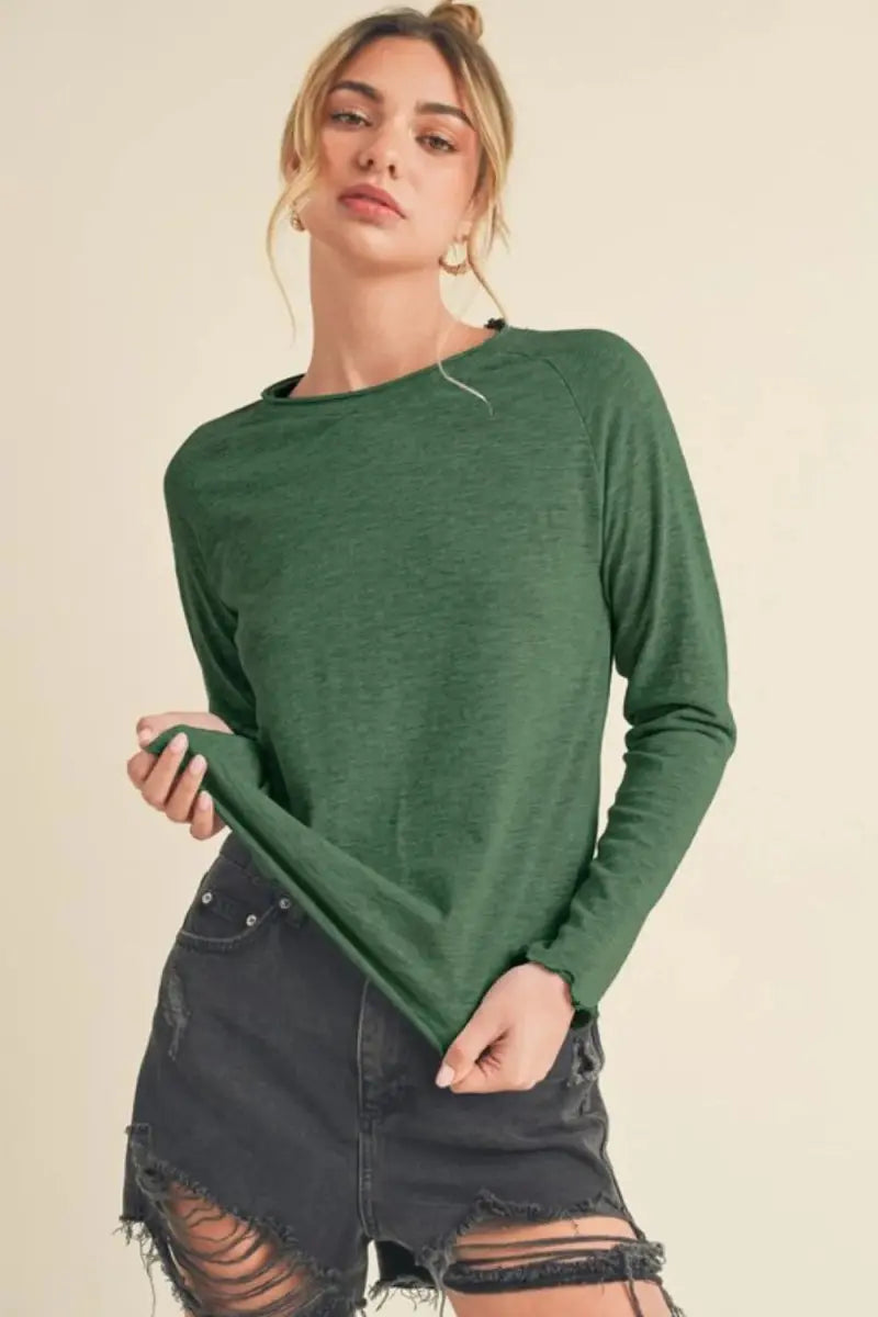 Trendsi Aemi + Co Lettuce Hemline Round Neck Raglan Sleeve T-Shirt - Apparel &amp;amp; Accessories