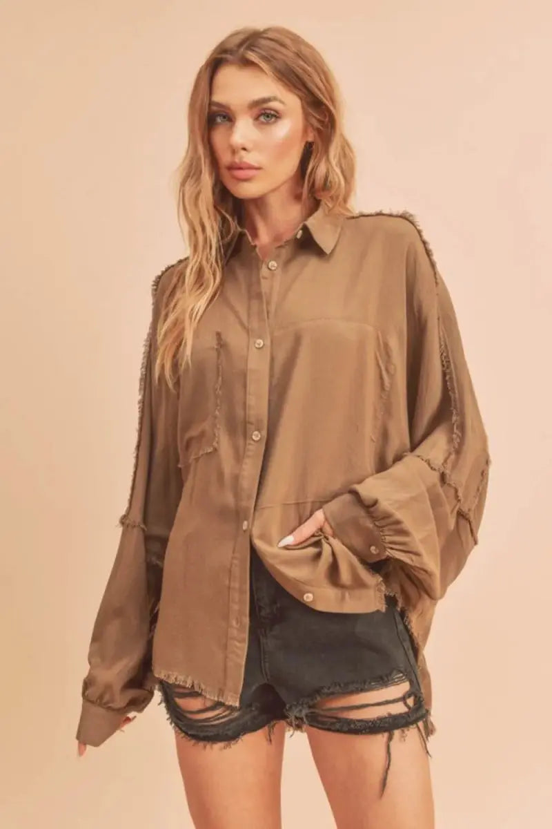 Trendsi Aemi + Co Raw Edge Collared Shirt Camel Medium