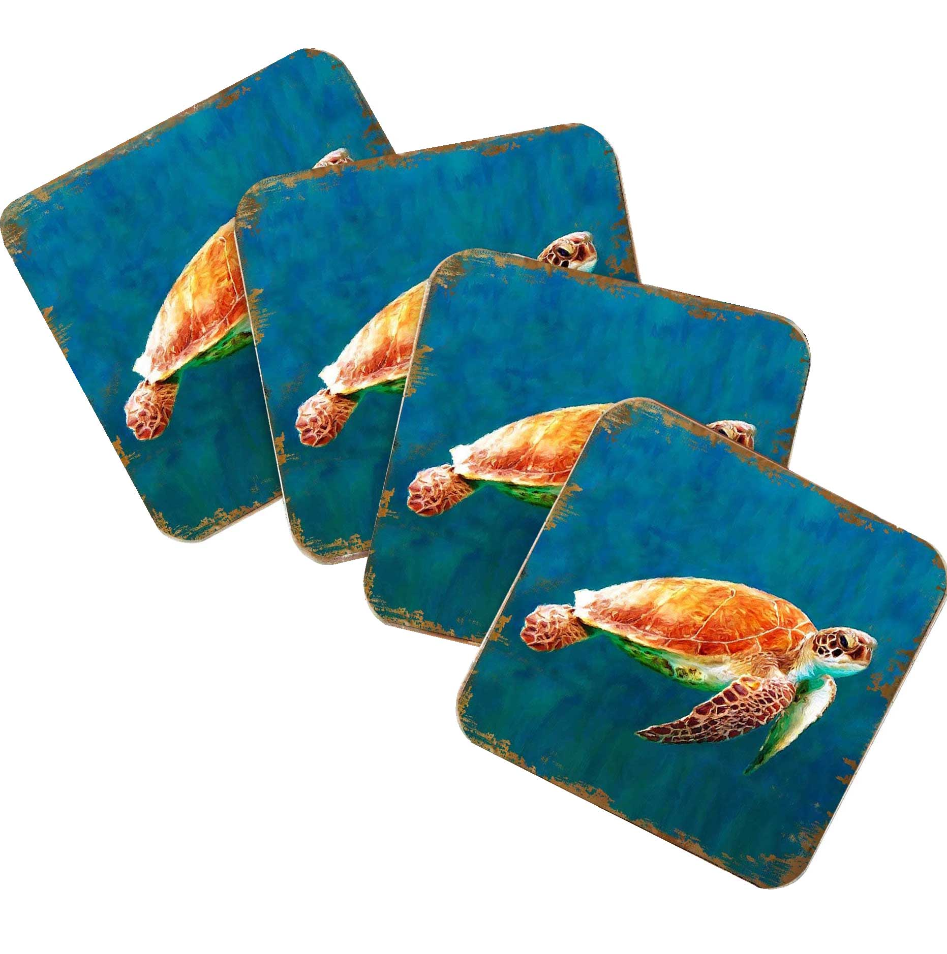 Sea Turtle Coastal Wooden Cork Coasters Gift Set of 4 by Nature Wonders - Coastal Sea-Life Decor - 95266C-S4