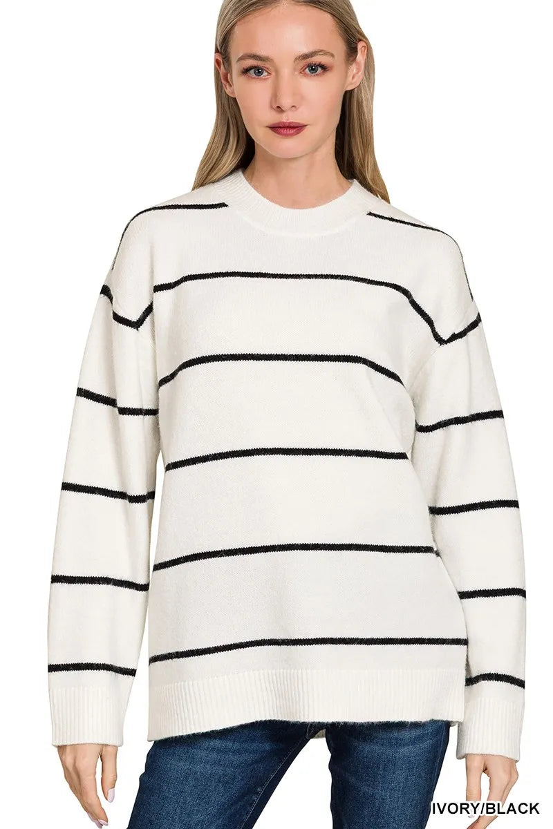 Zenana Round Neck Stripe Sweater