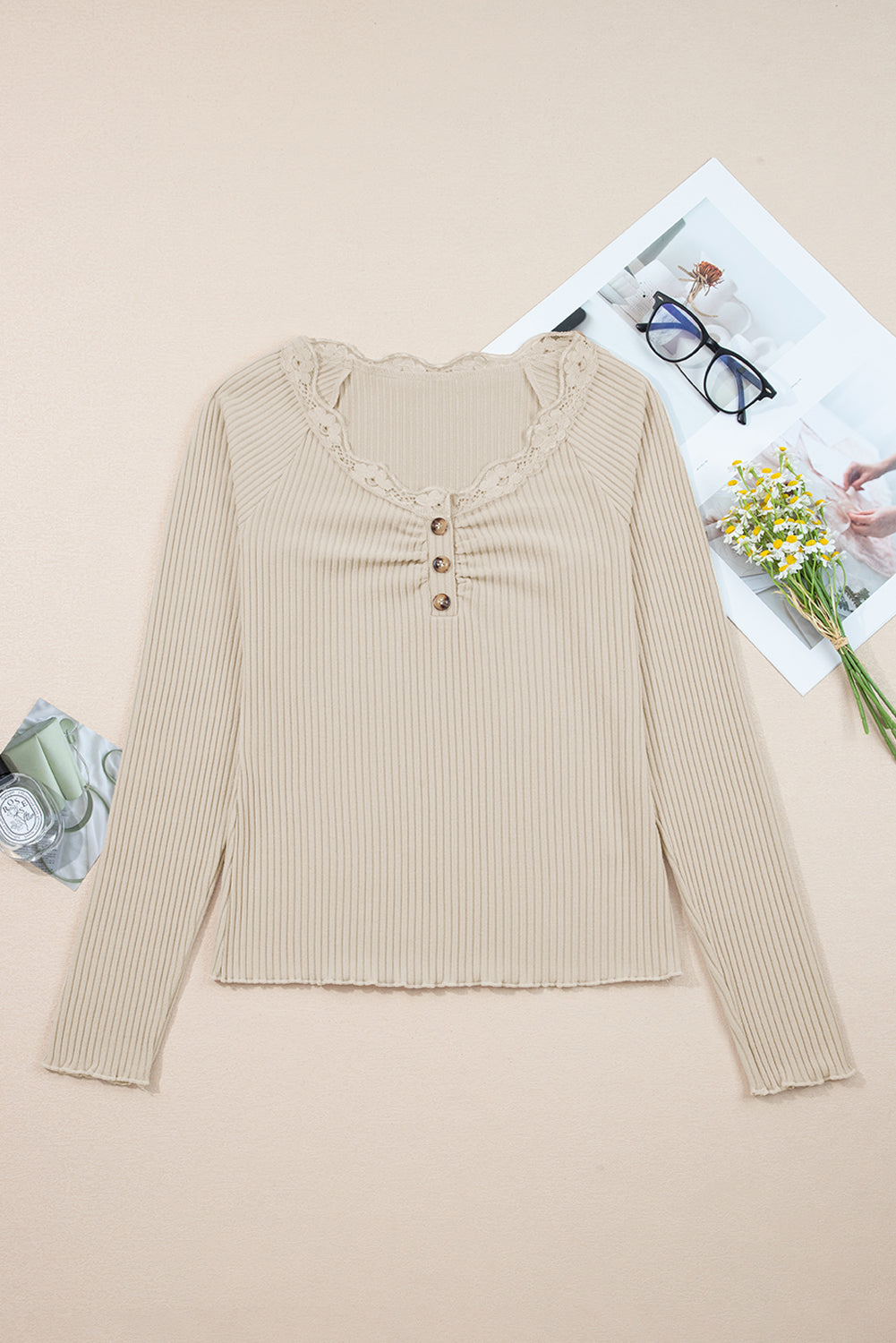 Solid Ribbed Lace Neckline Long Sleeve Top