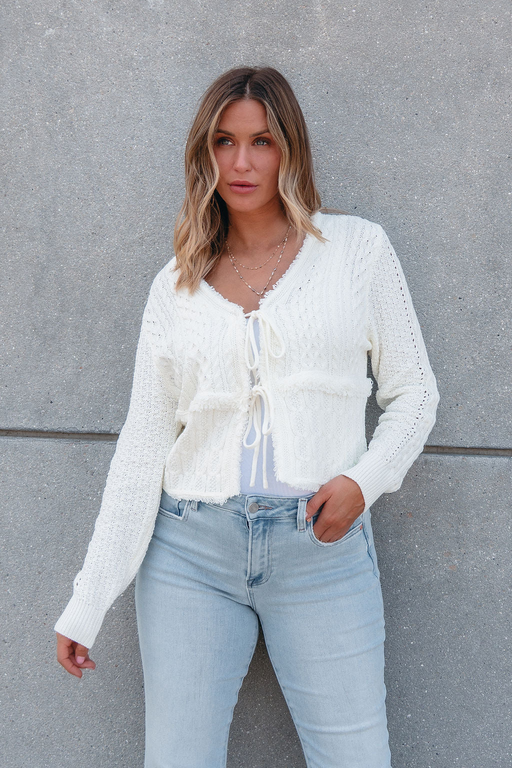 Alina Cream Crochet Tie Front Sweater Cardigan - FINAL SALE