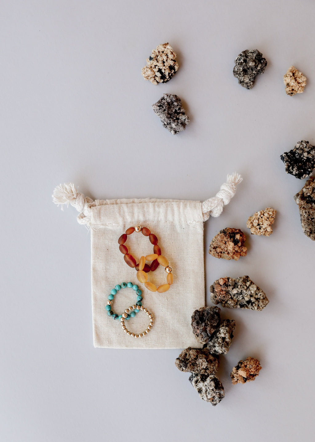 Natural Turquoise + 14k Gold Filled + Honey Amber || Ring Set Trio ||