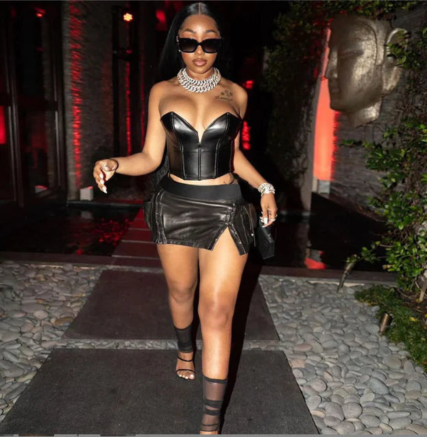 Style Loft Collection Too Sexy For My...Slim Vegan Leather Crop Top Vest and Skirt Set