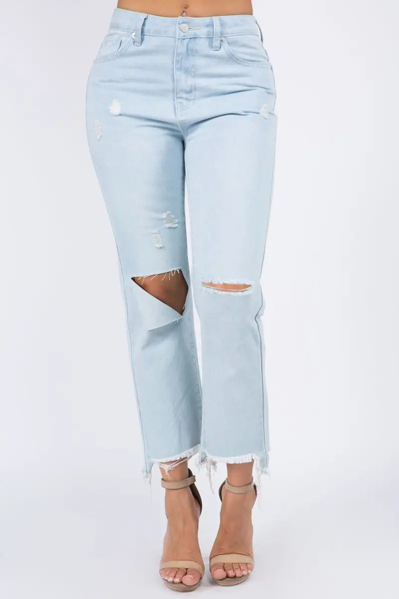 Trendsi American Bazi High Waist Distressed Jeans for Women - Raw Hem Denim