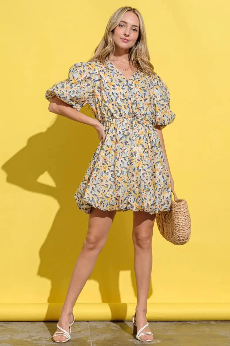 Floral Surplice Puff Sleeve Dress - Full Size, Elegant V-Neck, Long Sleeves, Casual to Formal Wear