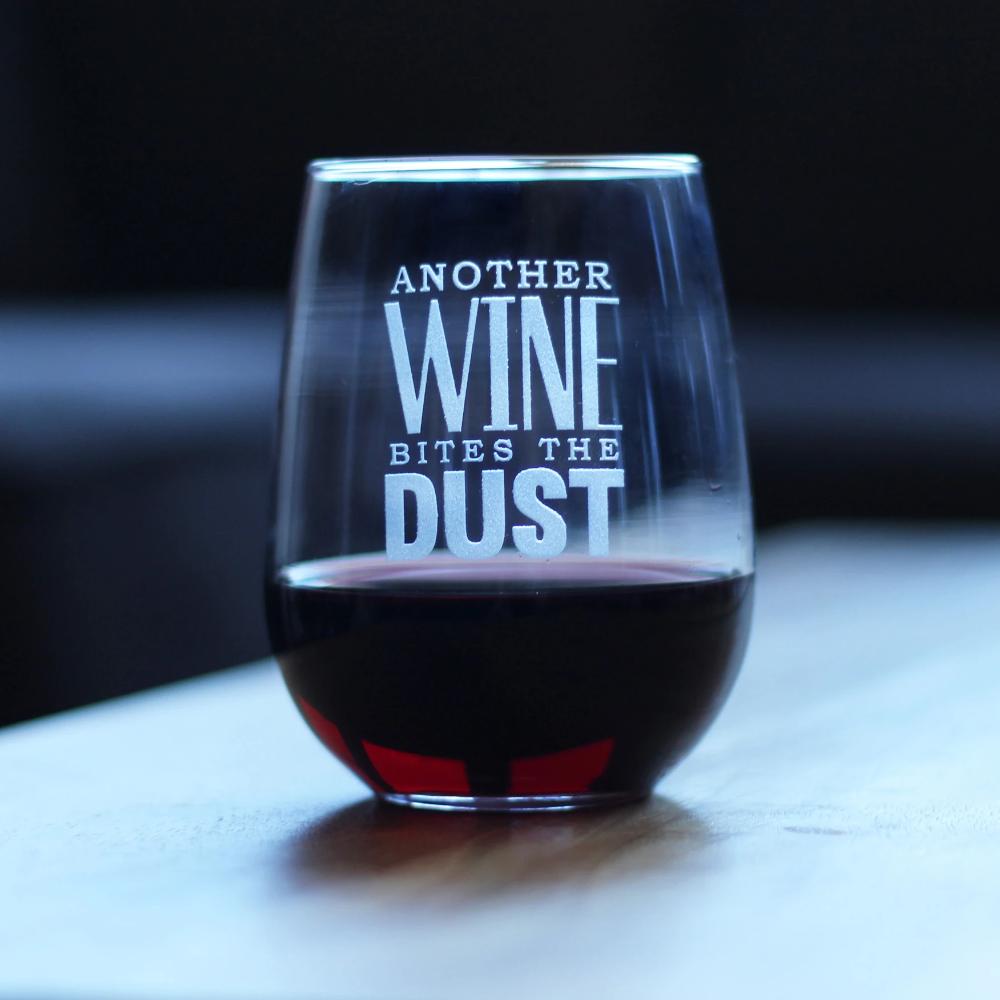Bites the Dust – Cute Funny Stemless Wine Glass, Large Glasses, Etched Sayings, Gift Box