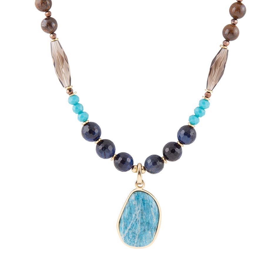 Argo Blue Apatite and Brown Tiger&amp;#39;s Eye Golden Pendant Necklace