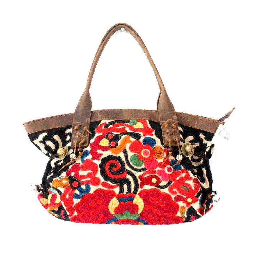 Artista Applique Textile Unique Leather Shoulder Handbag Tote - Thailand